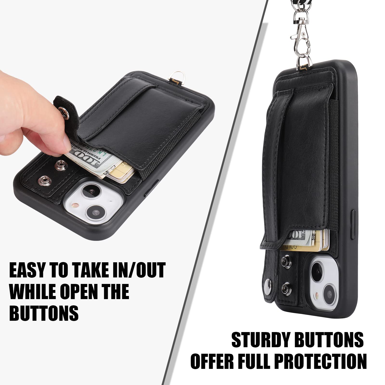 TOOVREN iPhone 13 Wallet Case with Card Holder & Phone Lanyard - PU Leather Protective Cover with Stand for iPhone 13 (6.1 Inch) - Black - Perfect for Everyday Use, Travel & Hands-Free Convenience (Men & Women)