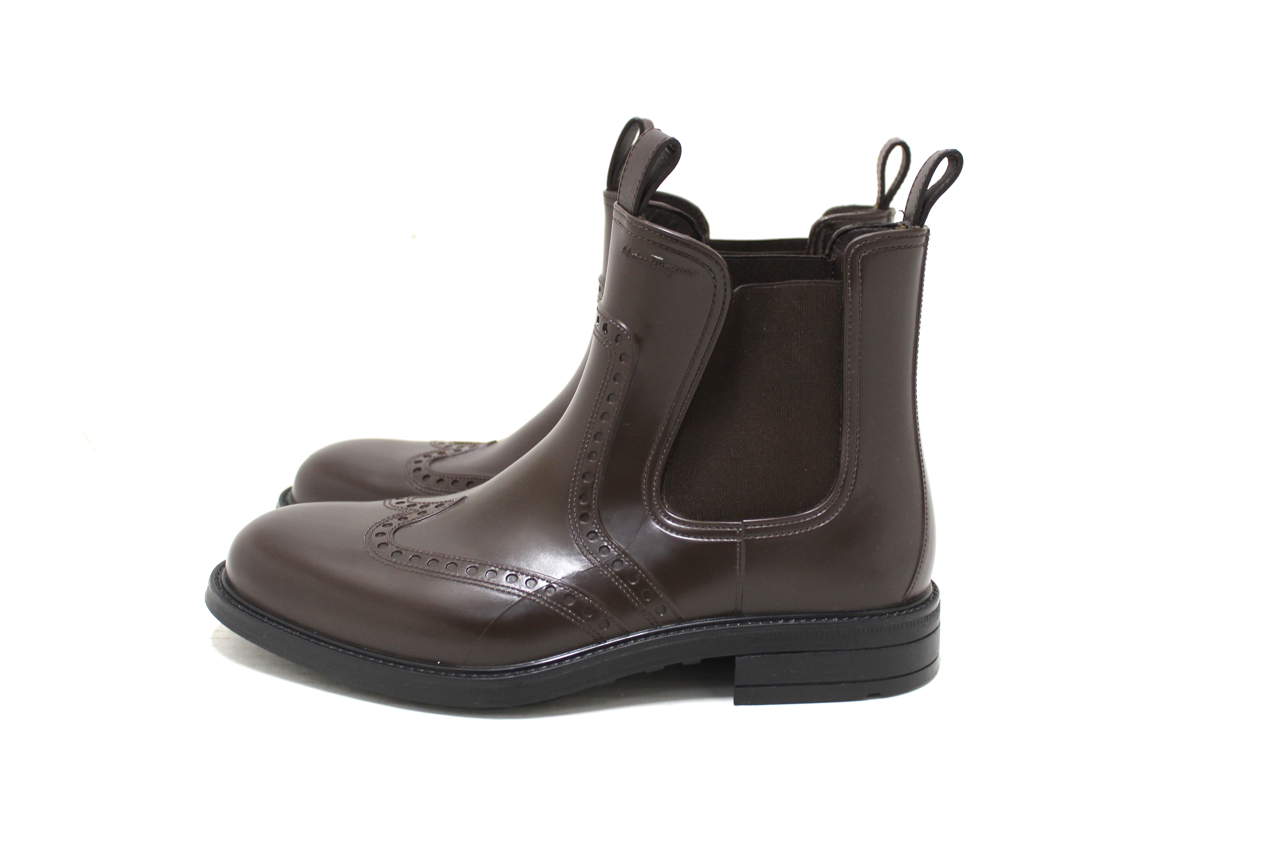 Authentic Salvatore Ferragamo Men's Brown Wingtip Rubber Boots - Size 7 US - Premium Leather Dress Shoes for Business, Office & Formal Occasions