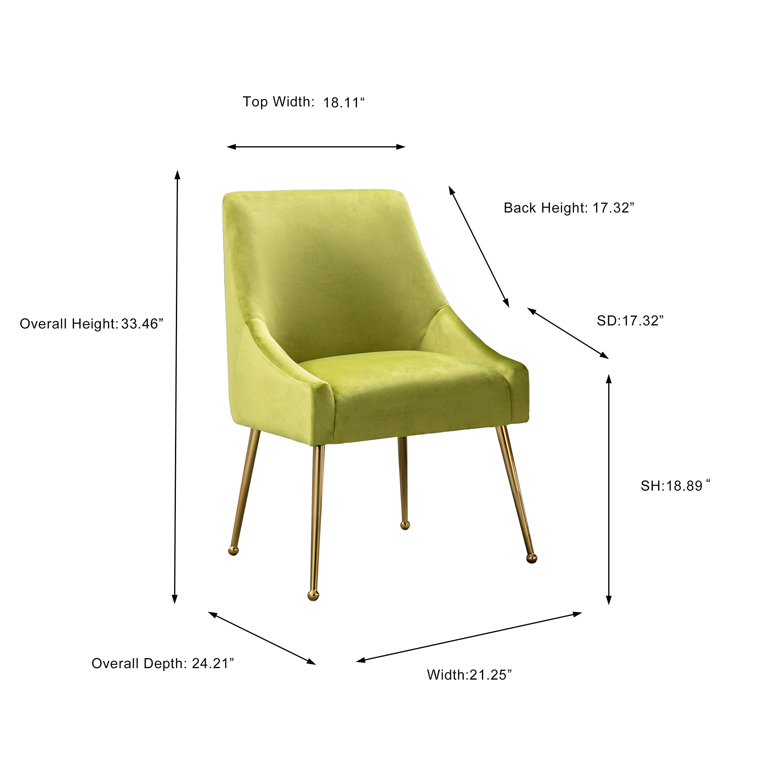 Modern Velvet Accent Chair Set of 2 - Thick Sponge Upholstered Dining Chairs with Golden Metal Legs for Living Room, Bedroom, Office & Dining Room - Yellow Green Velvet Lounge Chairs for Home Decor & Relaxation