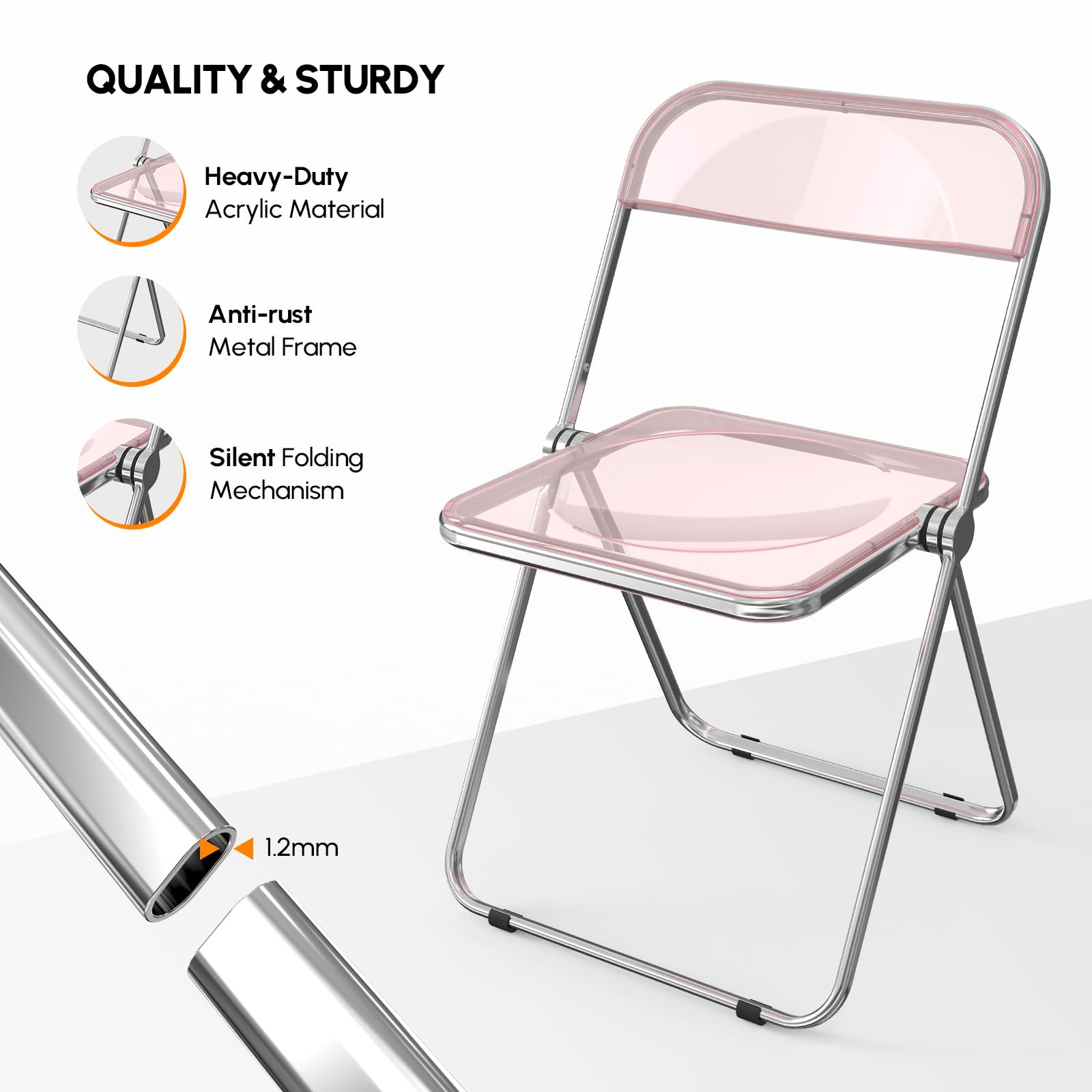 VINGLI 2 Pack Clear Acrylic Folding Chairs - Foldable Stackable Plastic Panel with Metal Chrome Frame - 350 lbs Weight Capacity - Pink - Perfect for Weddings, Parties, Events & Outdoor Gatherings