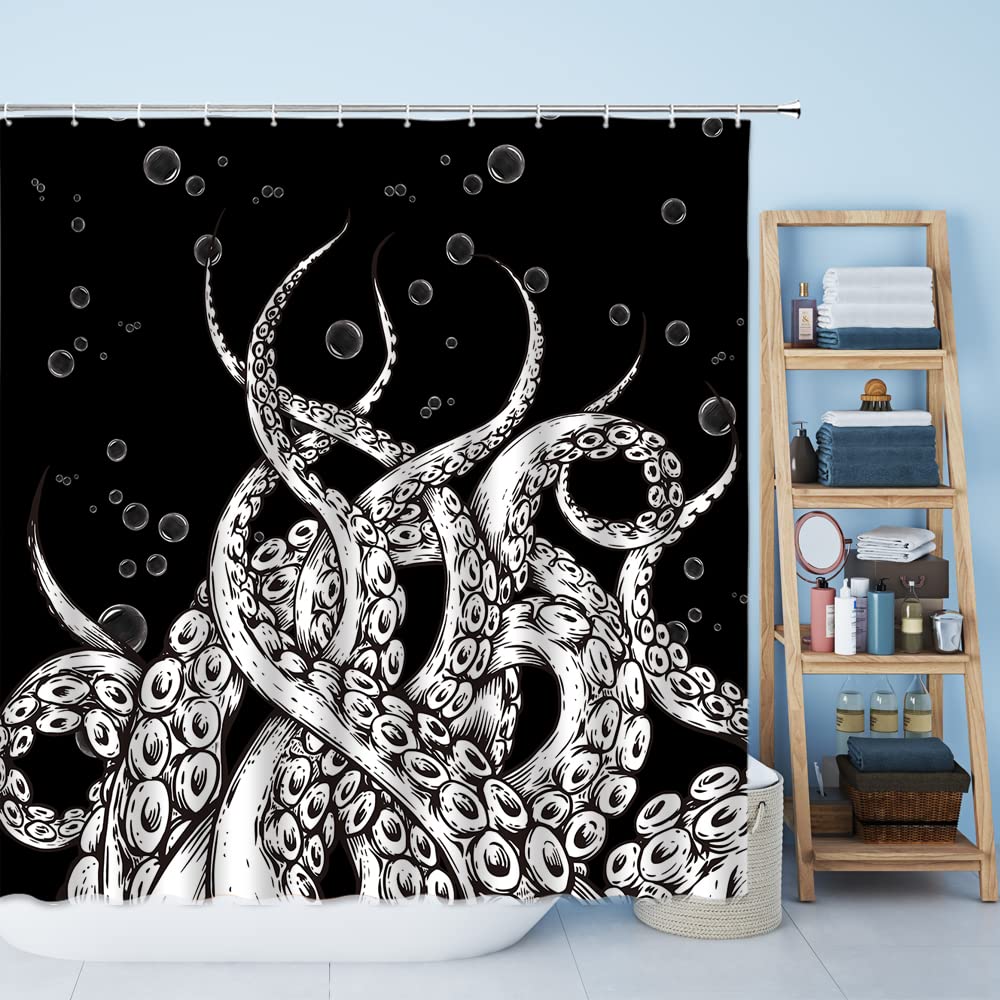 Black and White Octopus Shower Curtain - Vintage Kraken Tentacles Ocean Theme Bathroom Decor with Bubbles | Waterproof Polyester Fabric with Hooks | Perfect for Beach House, Nautical Bathroom or Sea Lover's Home Decor