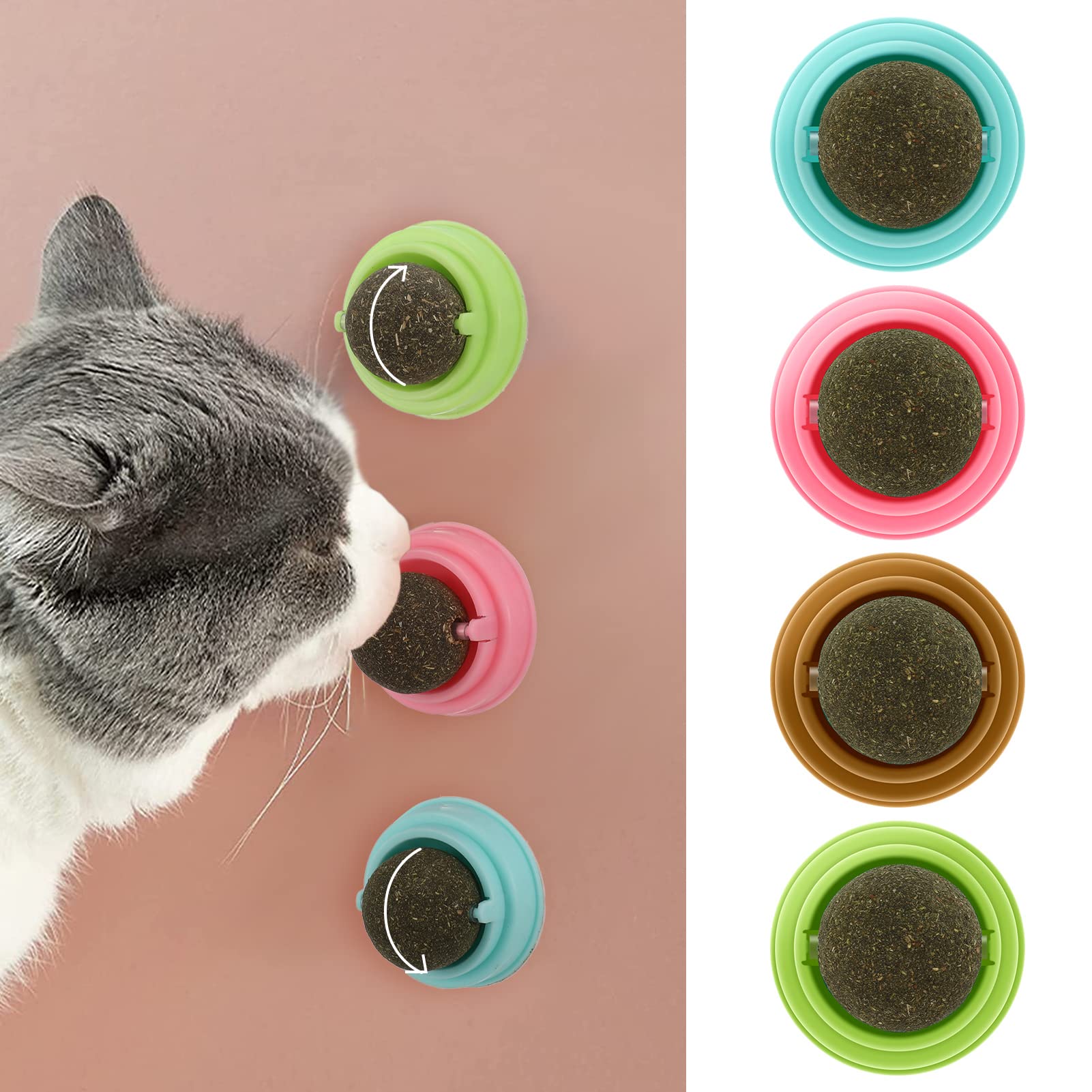 Dacitiery 4PCS Catnip Balls Toy for Cats - Rotatable Edible Interactive Cat Toy with Self-Adhesive Catnip Teeth Cleaning Licking Balls for Kittens | Fun Indoor Play, Stress Relief & Dental Care for Adult Cats & Kittens