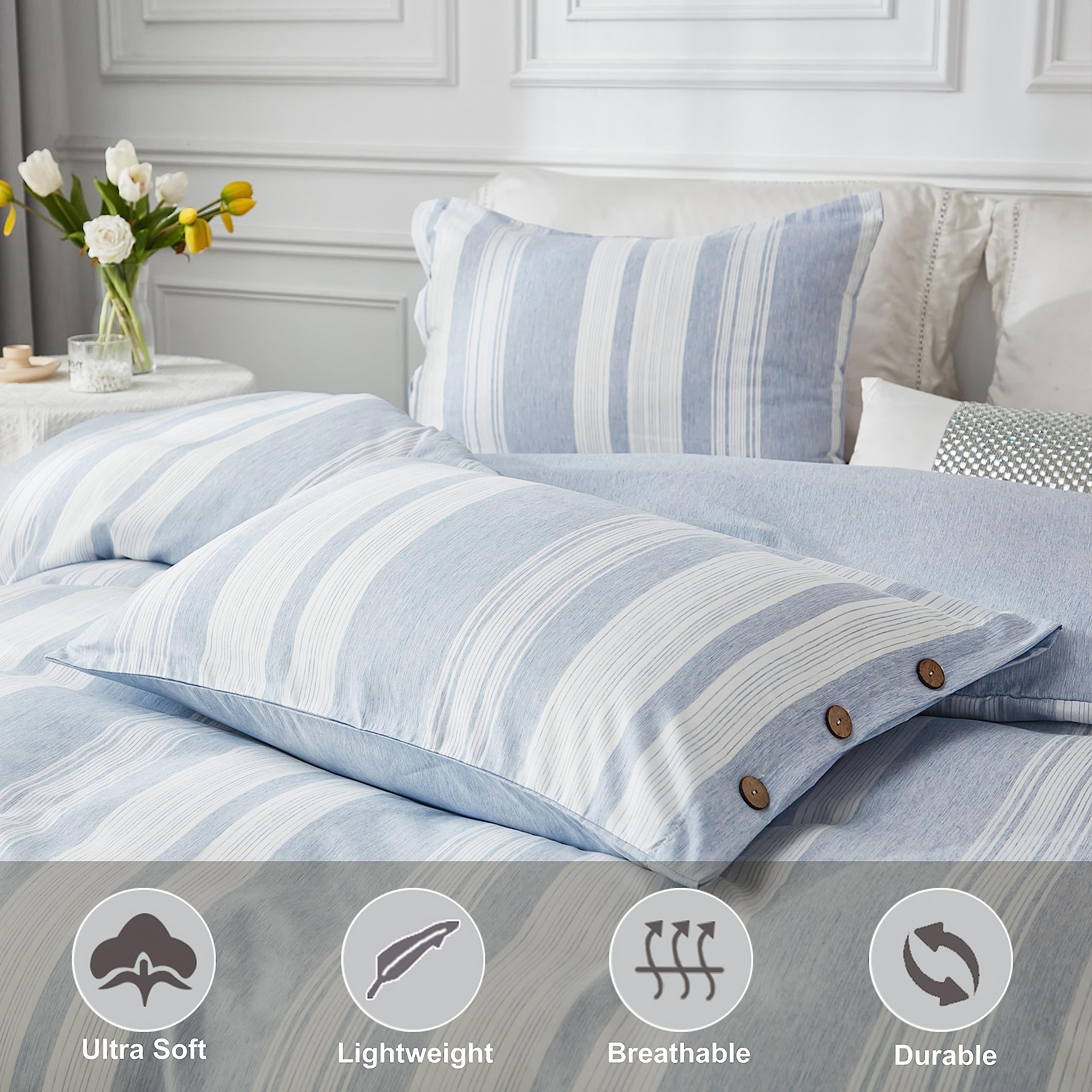 Breathable Soft Brushed Microfiber Duvet Cover Set - King Size Blue Striped Bedding with Button Closure (Includes 1 Duvet Cover + 2 Pillowcases) | Perfect for Cozy Bedrooms & Guest Room Decor