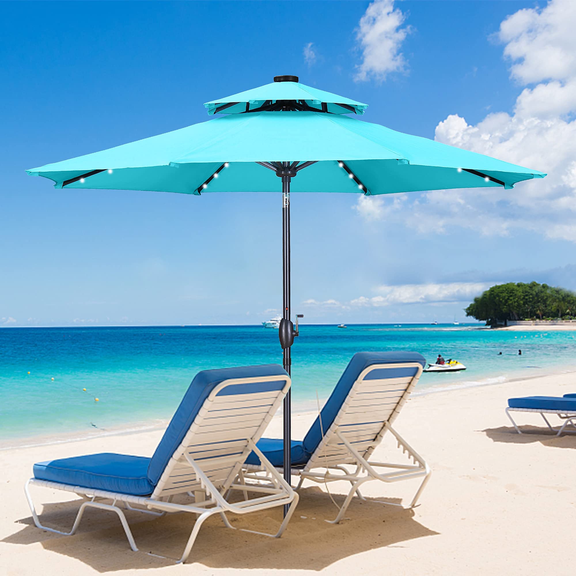 GDY 9 Ft 32 LED Lighted Patio Umbrella with Tilt & Crank - 2-Tier Vented Outdoor Table Umbrella for Deck, Poolside & Backyard - 8 Sturdy Ribs for Wind Resistance - Perfect for Outdoor Dining & Relaxation