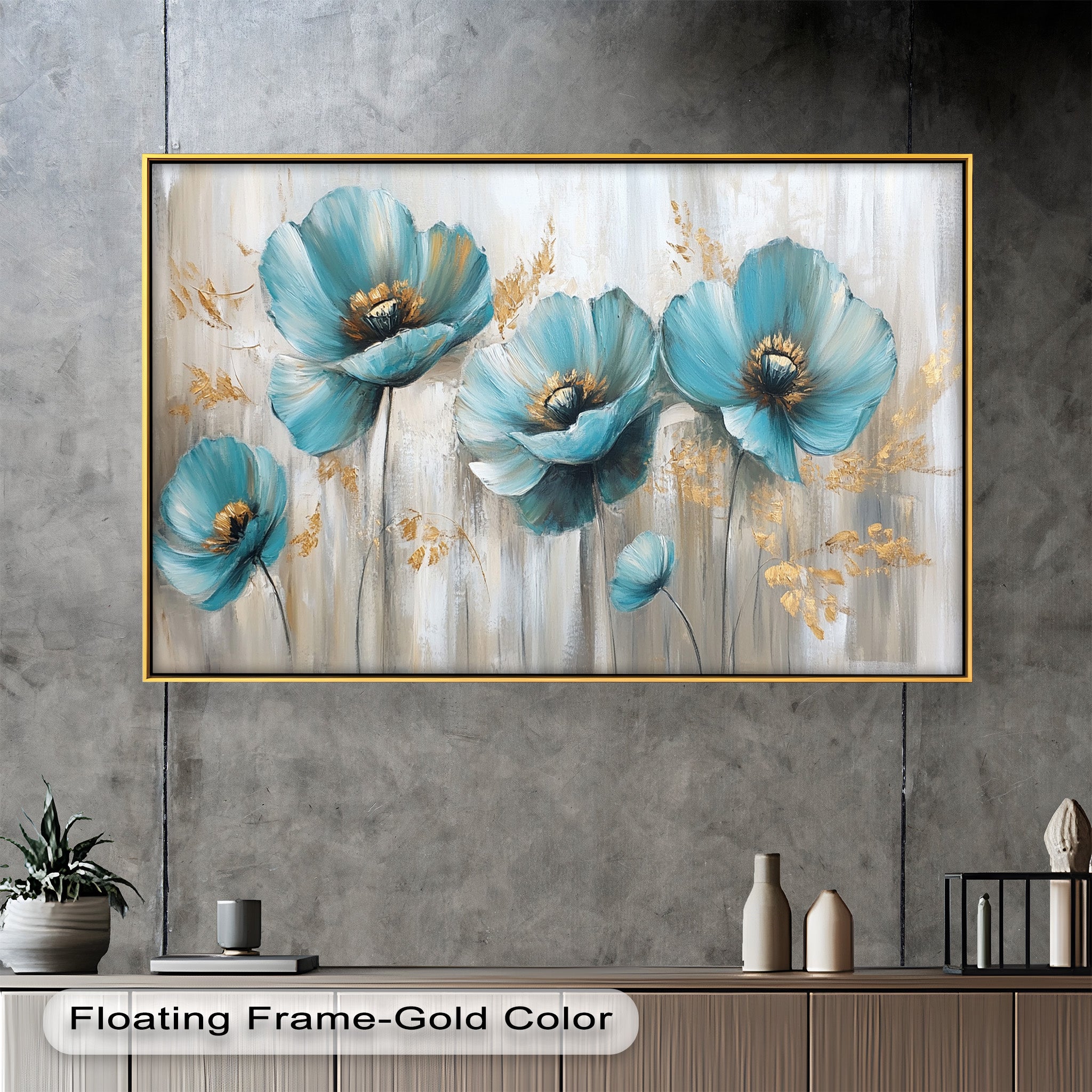 Blue Poppies with Metallic Accents Oil Painting - Floral Wall Art for Living Room, Bedroom & Office Decor