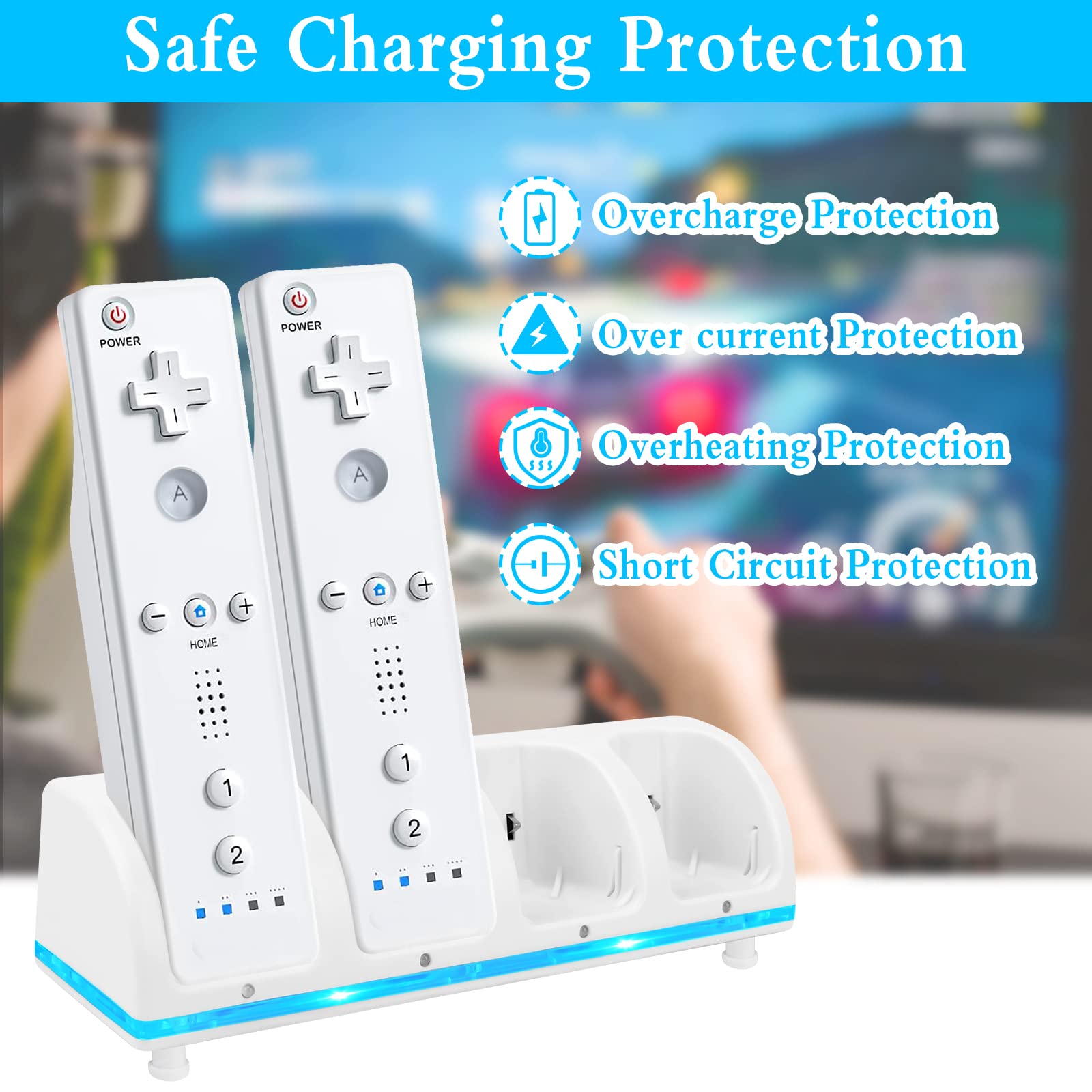 4-in-1 Wii Remote Charging Station with 4 Rechargeable Battery Packs & USB Cable - Compatible with Wii & Wii U Controllers (White) - Perfect for Gaming Nights & Family Entertainment