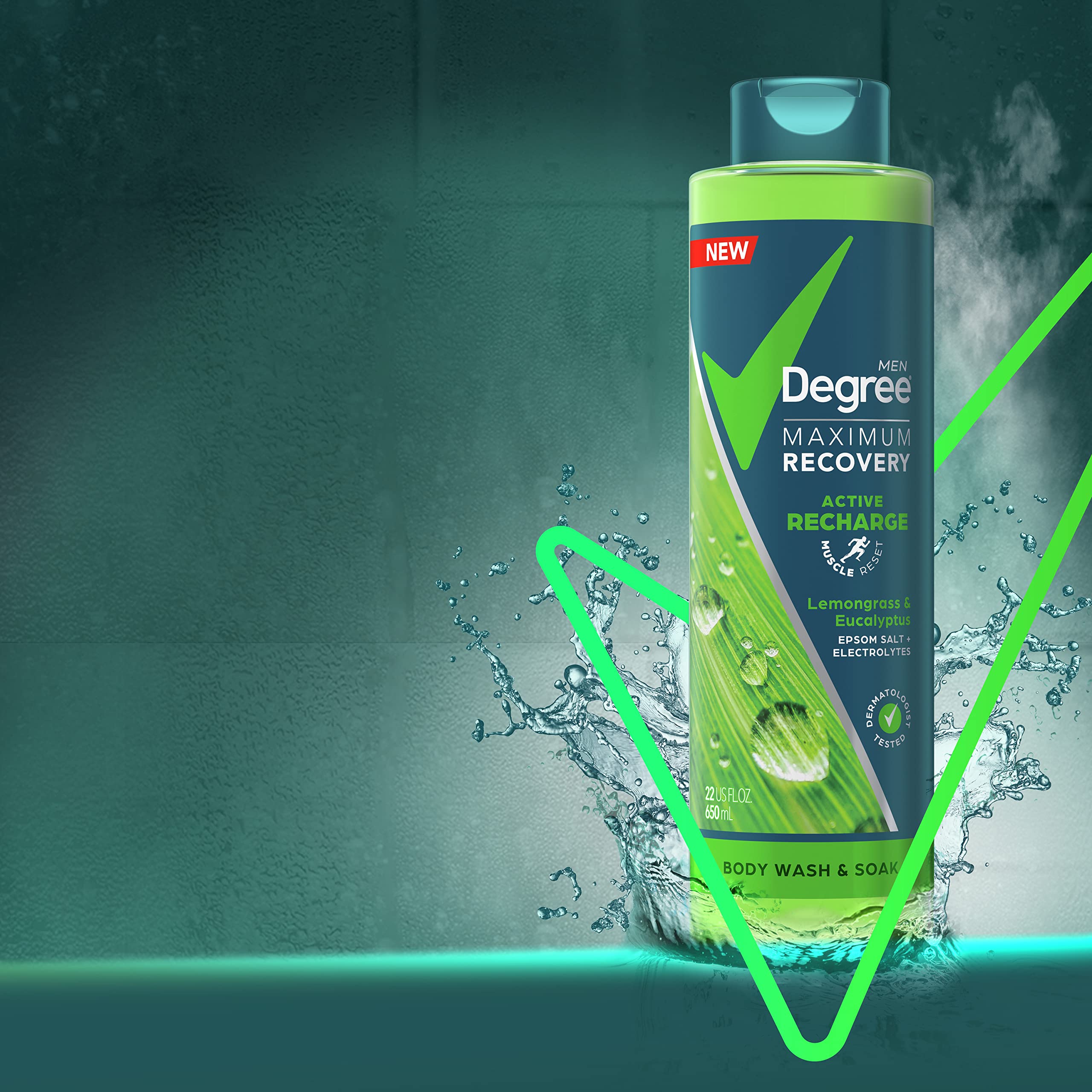 Degree Men Post-Workout Recovery Body Wash & Soak with Lemongrass, Eucalyptus, Epsom Salt & Electrolytes - 22 Fl Oz (Pack of 4) - Ideal for Gym, Sports & Muscle Relaxation Bath Routine