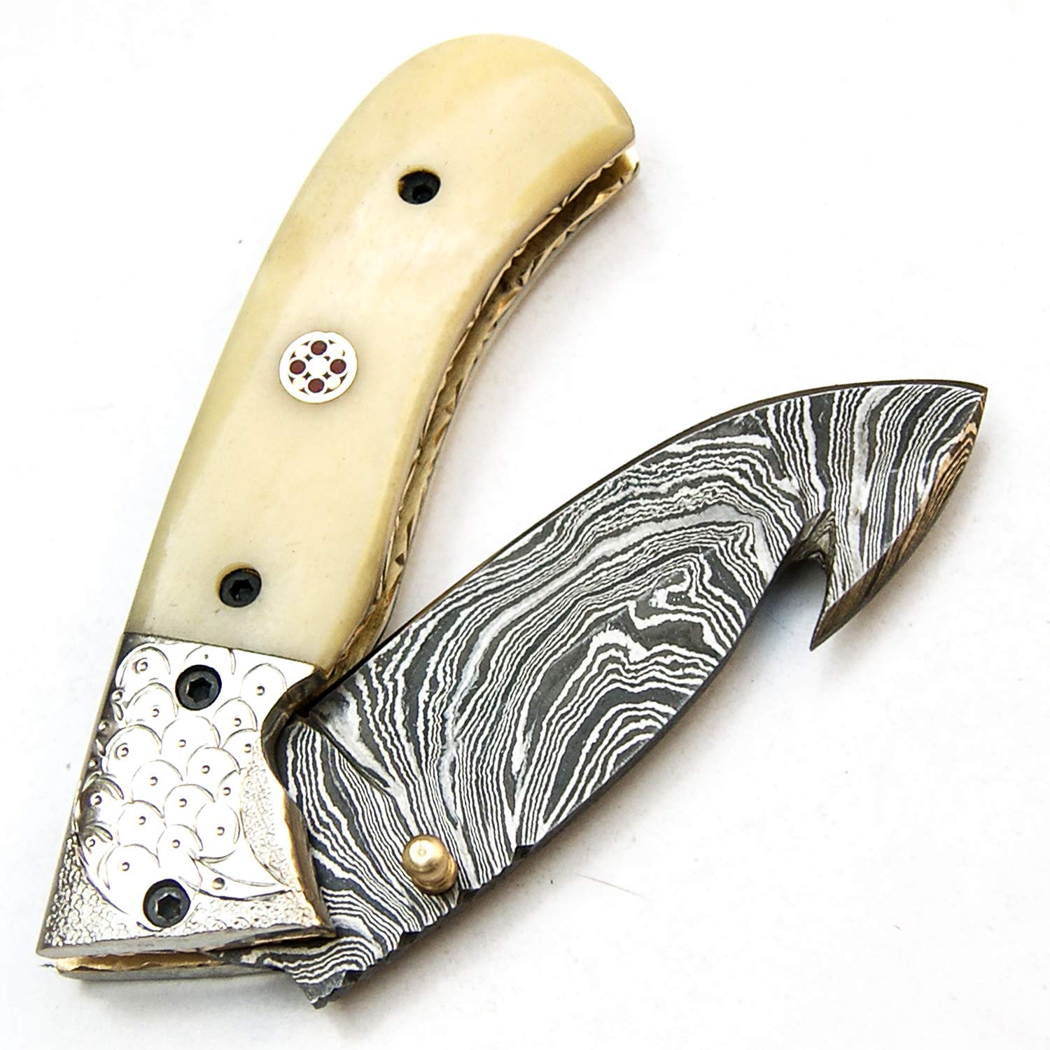 Handmade Damascus Steel Folding Pocket Knife - 7.4 Inch Blade, Camel Bone Handle with Leather Sheath | PAL 2000 KNIVES FOL-9566 | Perfect for Camping, Hunting & Outdoor Adventures