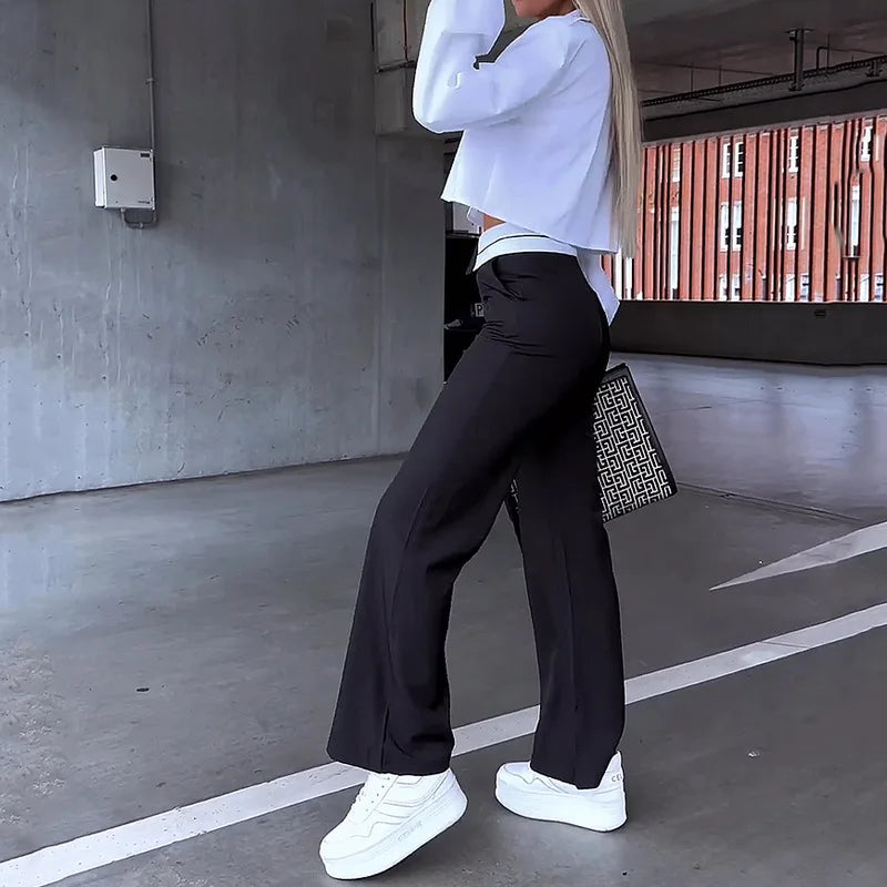 Elegant Women's Two-Piece Office Set - White Lapel Long Sleeve Blouse & Gray Pants Suit for Fall/Spring | Y2K Style Workwear for Business, Meetings & Professional Occasions