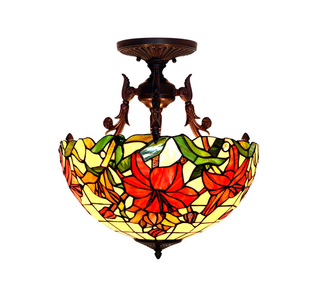 Vintage Tiffany-Style 3-Light Semi-Flush Ceiling Pendant Lamp - 16