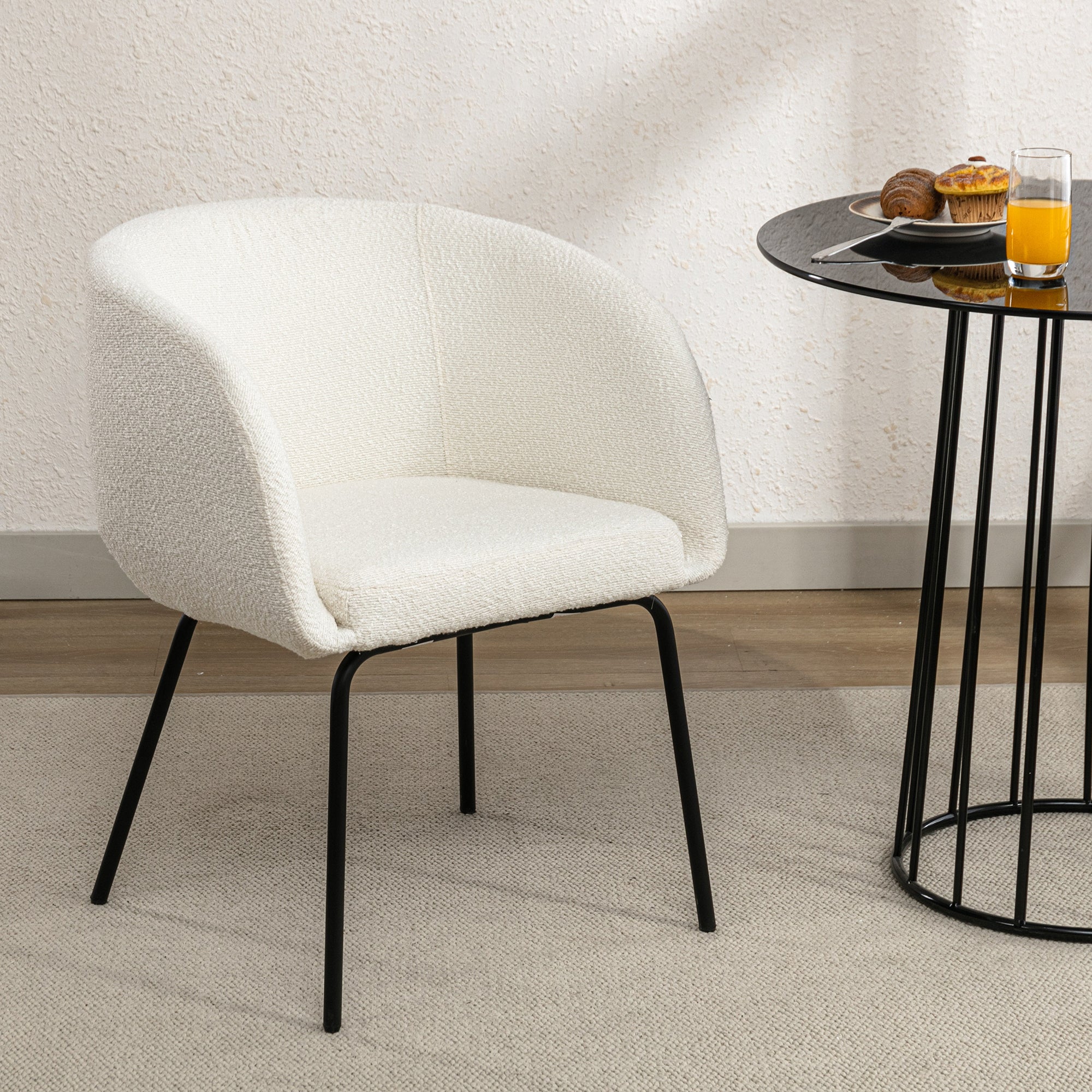 Boucle Fabric Dining Chair with Black Metal Legs - Set of 1 - Modern Upholstered Accent Chair for Kitchen, Dining Room, or Office