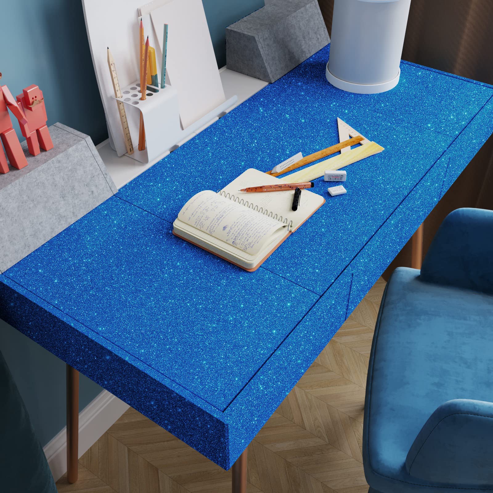 VEELIKE Blue Glitter Peel and Stick Wallpaper - 15.7''x354'' Self-Adhesive Removable Contact Paper for Bedroom Walls, Cabinets, Dressers & Tables - Sparkly Blue Glitter Fabric Roll for Home Decor, DIY Projects & Room Makeovers