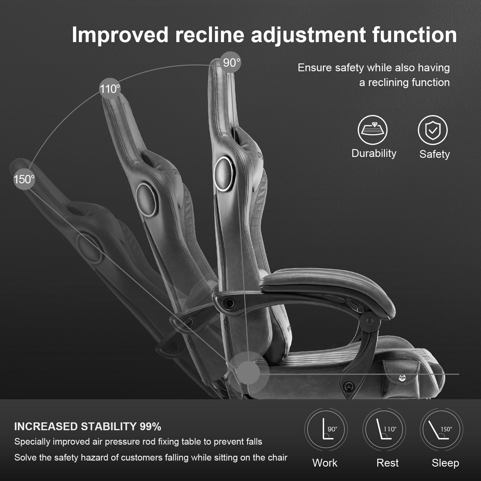 GTPLAYER Ergonomic Gaming Chair - PU Leather Office Chair with Adjustable Height & Lumbar Support - Grey Computer Chair for Home & Gaming Setup