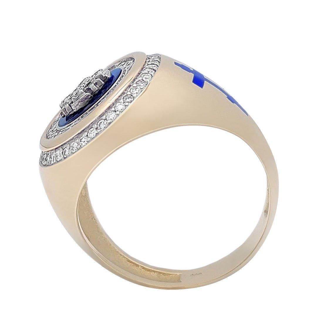 14K Gold Men's Jerusalem Cross Signet Ring with Diamonds & Blue Enamel - Luxury Religious Jewelry for Gifts, Weddings & Special Occasions