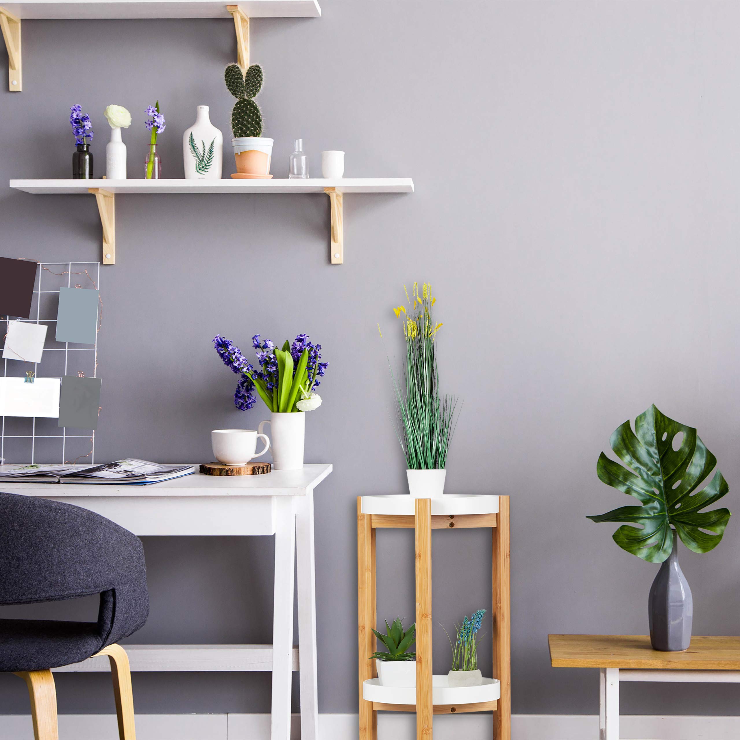 3-Tier Bamboo & MDF Modern Plant Stand - Round Indoor Shelving for Plants (79x30x30cm) - Natural/White - Perfect for Living Room, Balcony & Home Decor