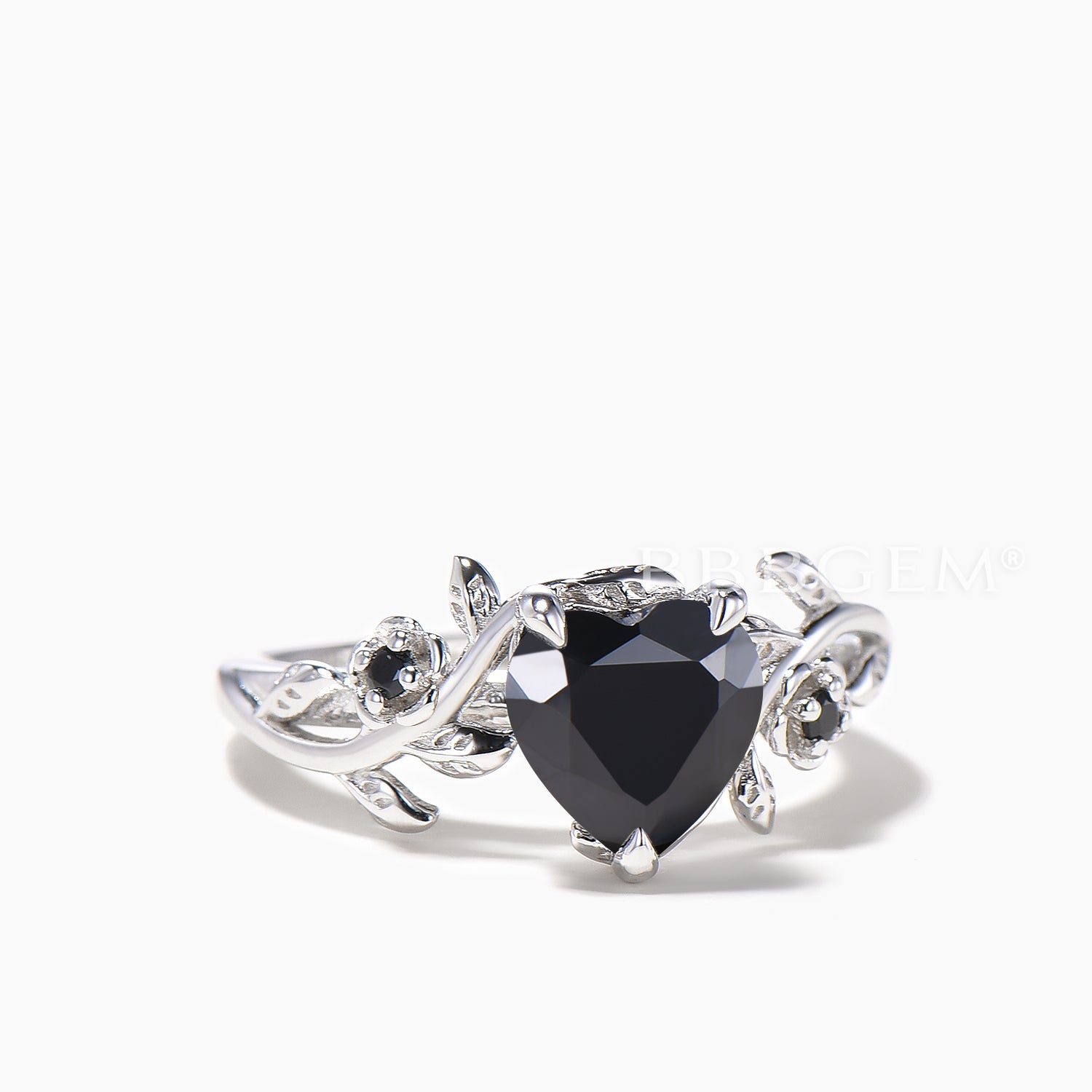 Natural Black Onyx Heart Cut Engagement Ring with Spinel Leaf Accent - Elegant Wedding Band for Women, Perfect for Proposals, Anniversaries & Romantic Occasions