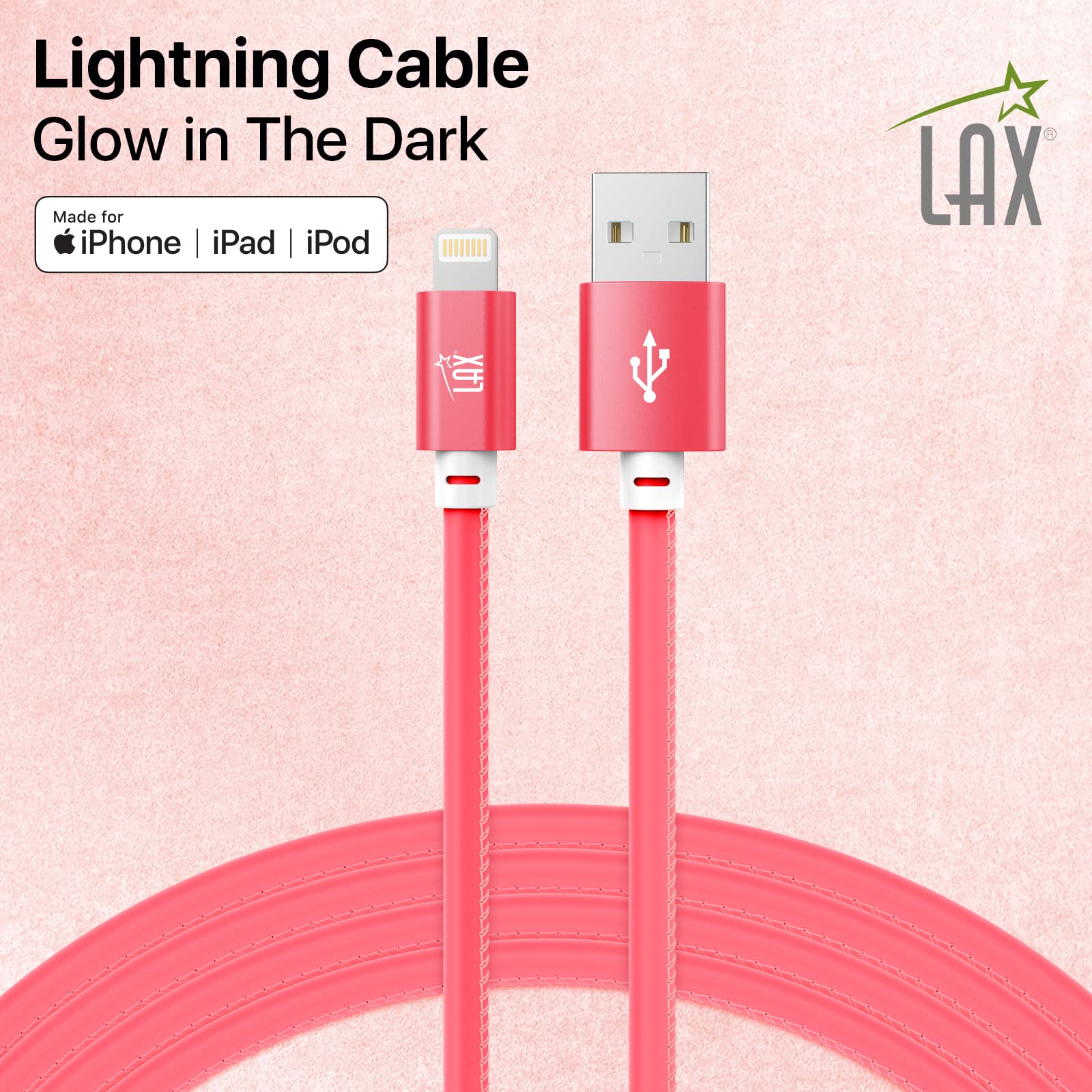 Glow in The Dark USB A to Lightning Cable 10ft - Fast Charging Cable for iPhone, iPad, iPod - Pink Apple MFi Certified Lightning Cable for All Apple Devices - Perfect for Night Use, Travel, and Home Charging