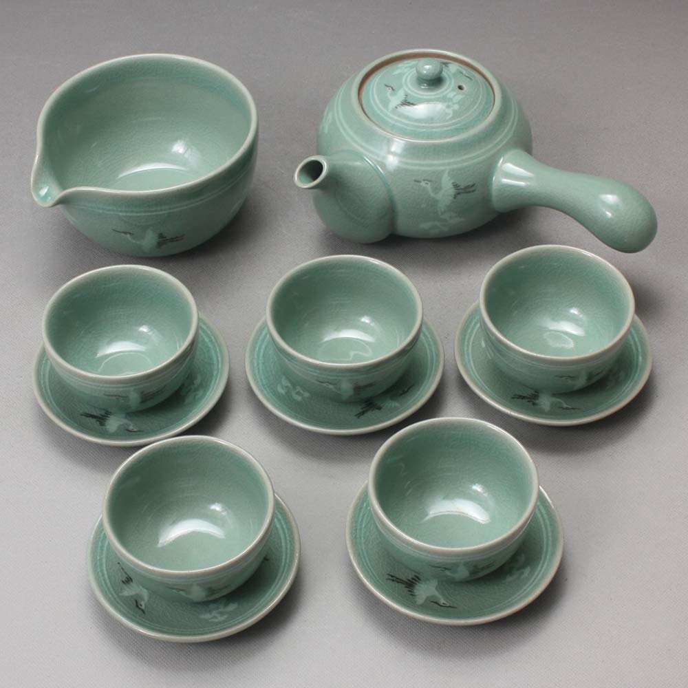 Korean Style Celadon Porcelain Tea Set - Crane & Cloud Design 11.8oz (350ml) Ceramic Teapot with Side Handle, Cups, Saucers & Cooling Pitcher - Complete Tea Ceremony Gift Set for Home, Office & Traditional Tea Parties