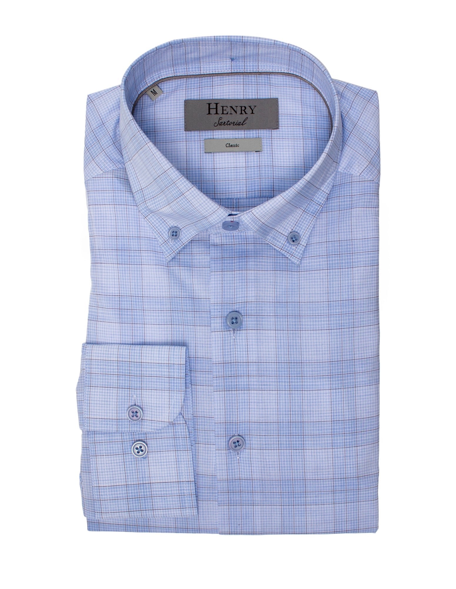 HENRY SARTORIAL Men's Casual Micro Check Button Down Shirt - Blue/Brown Plaid Flannel Shirt for Office, Date Night & Fall Outfits