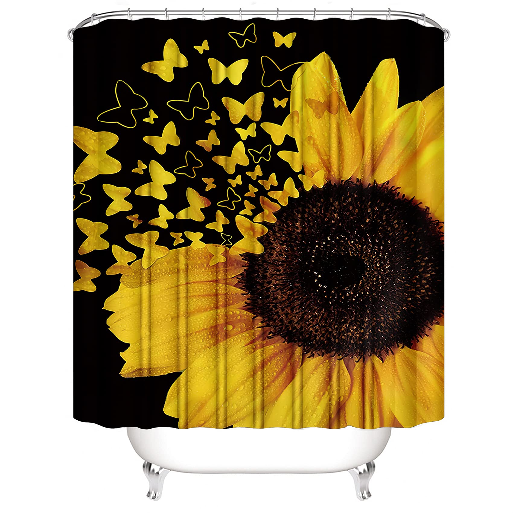 AZHM 4-Piece Butterfly Sunflower Shower Curtain Set with Non-Slip Bath Mat, Toilet Lid Cover & 12 Hooks - Waterproof Bathroom Decor for Home, Apartment, Dorm (Butterfly Floral Design)