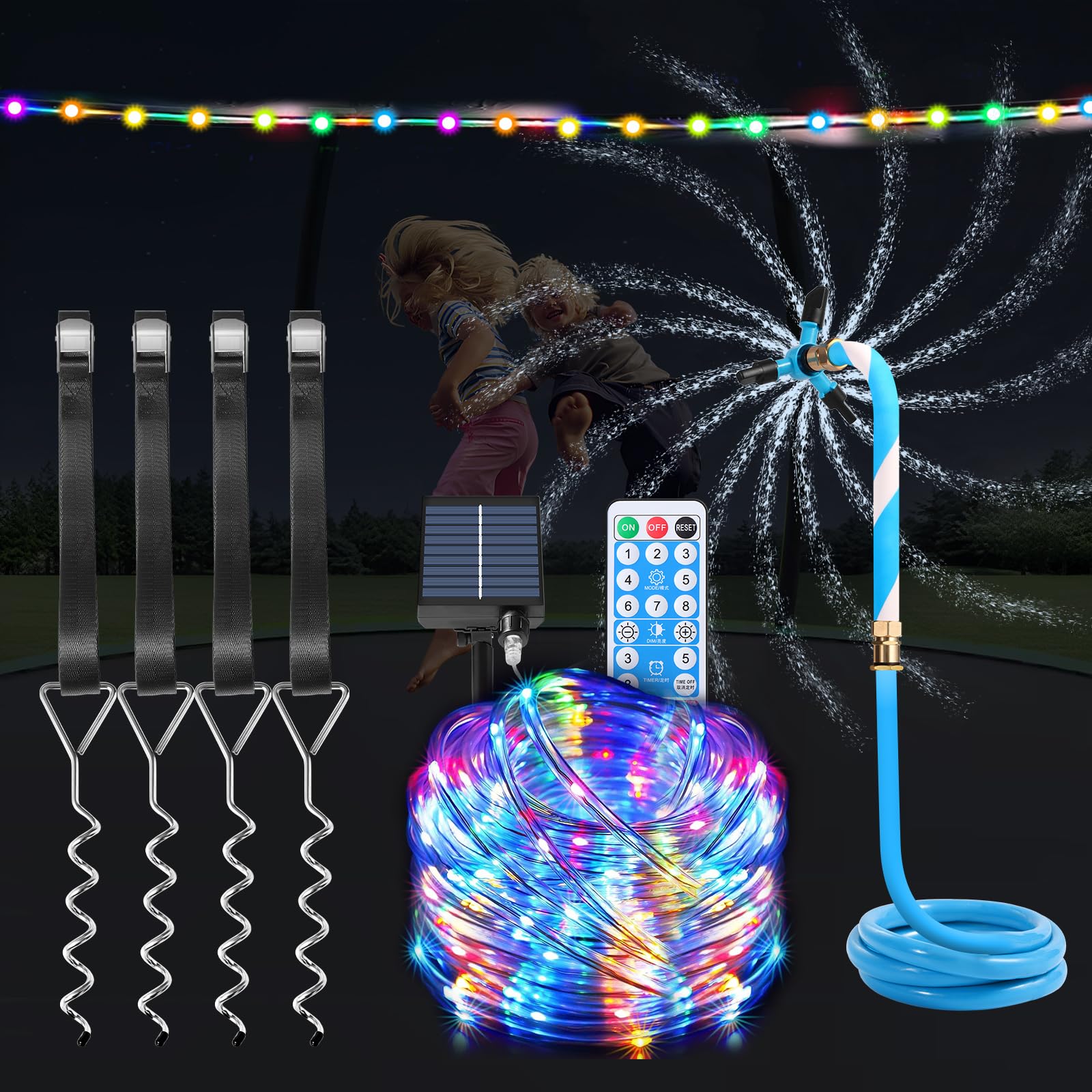 Tatub Trampoline Accessories Kit for Kids - Heavy Duty Anchor Stakes, Net-Friendly Sprinkler & 50FT Waterproof LED Lights - Fits 8-16FT Trampolines - Perfect for Backyard Water Play & Nighttime Jumping Fun