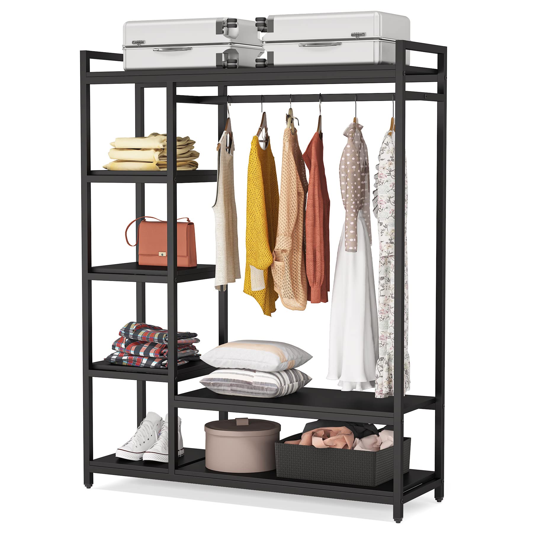 Free Standing Wood Closet Clothes Rack - Heavy Duty Garment Rack with Shelves, 350 lb Capacity - Bedroom Wardrobe Organizer for Hanging Clothes, Coats & Accessories - Perfect for Small Spaces, Dorm Rooms & Apartment Closets - Black