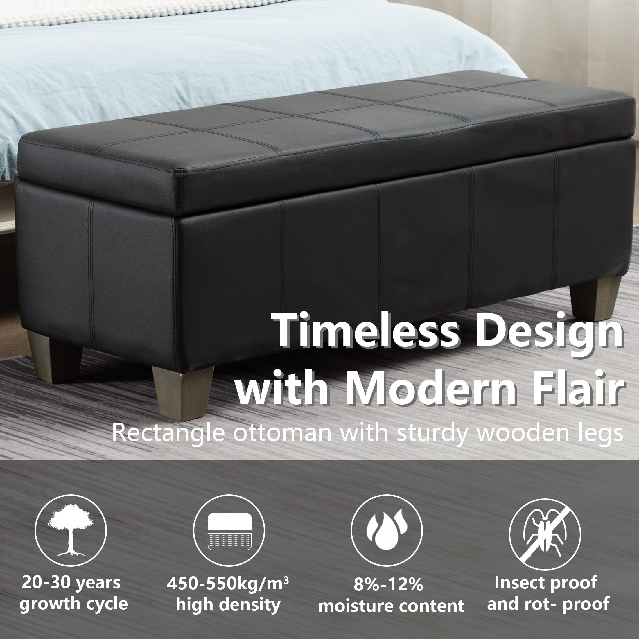 Black Faux Leather Storage Ottoman Bench - Extra Long Rectangular Footrest with Hidden Storage | Perfect for Bedroom, Living Room & Entryway Seating & Organization