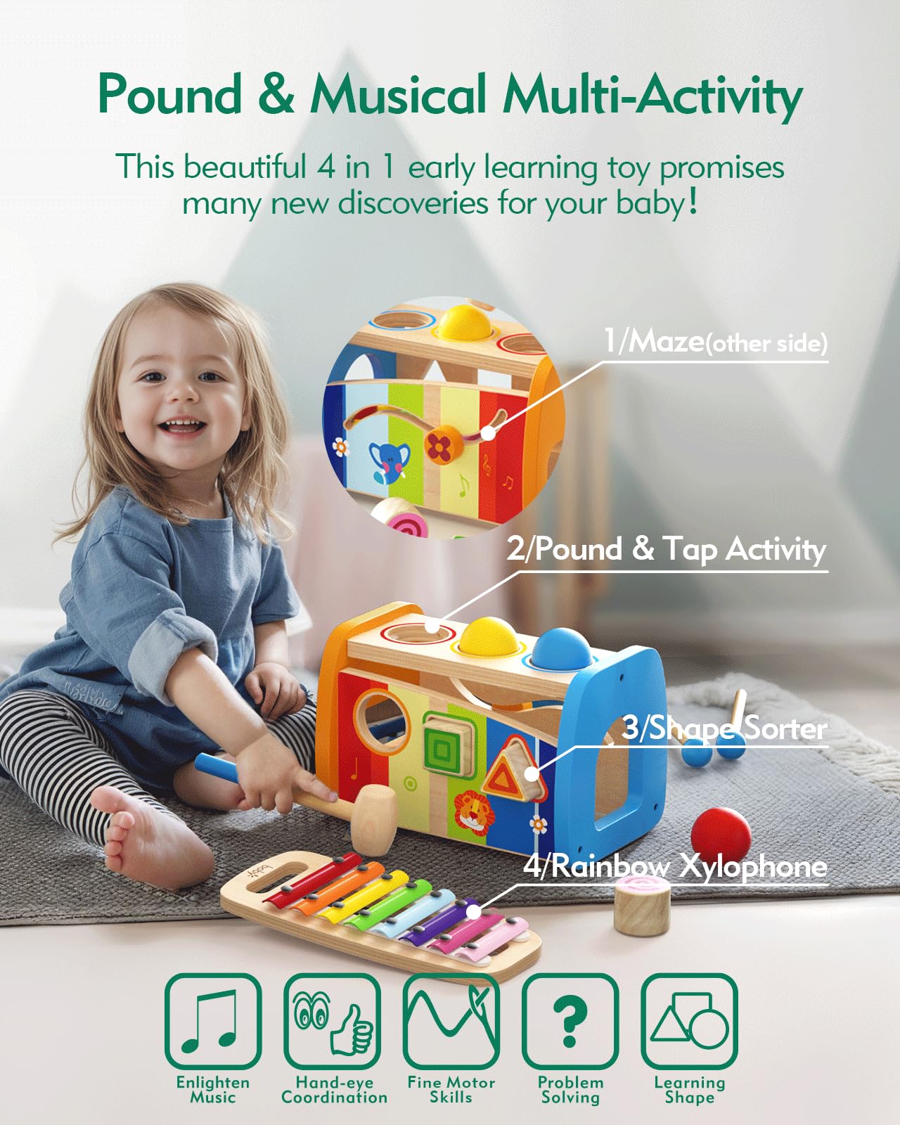 Montessori 4-in-1 Hammering Pounding Toy Set - Sensory Learning Toys for Toddlers 1-3 Years Old | Educational Gift for Boys & Girls 12-24 Months | Musical Pound & Tap Bench with Xylophone - Perfect for Early Childhood Development & Interactive Playtime