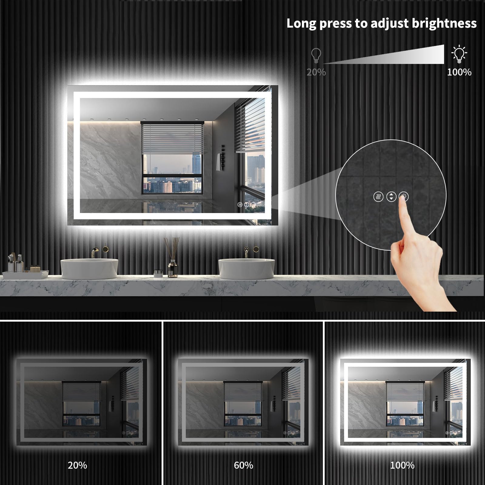 LOAAO 40X32 Inch LED Bathroom Mirror with Anti-Fog & Dimmable Backlit + Front Lighting - Waterproof Vanity Mirror with Memory Function & Tempered Glass - Perfect for Makeup, Shaving & Home Decor