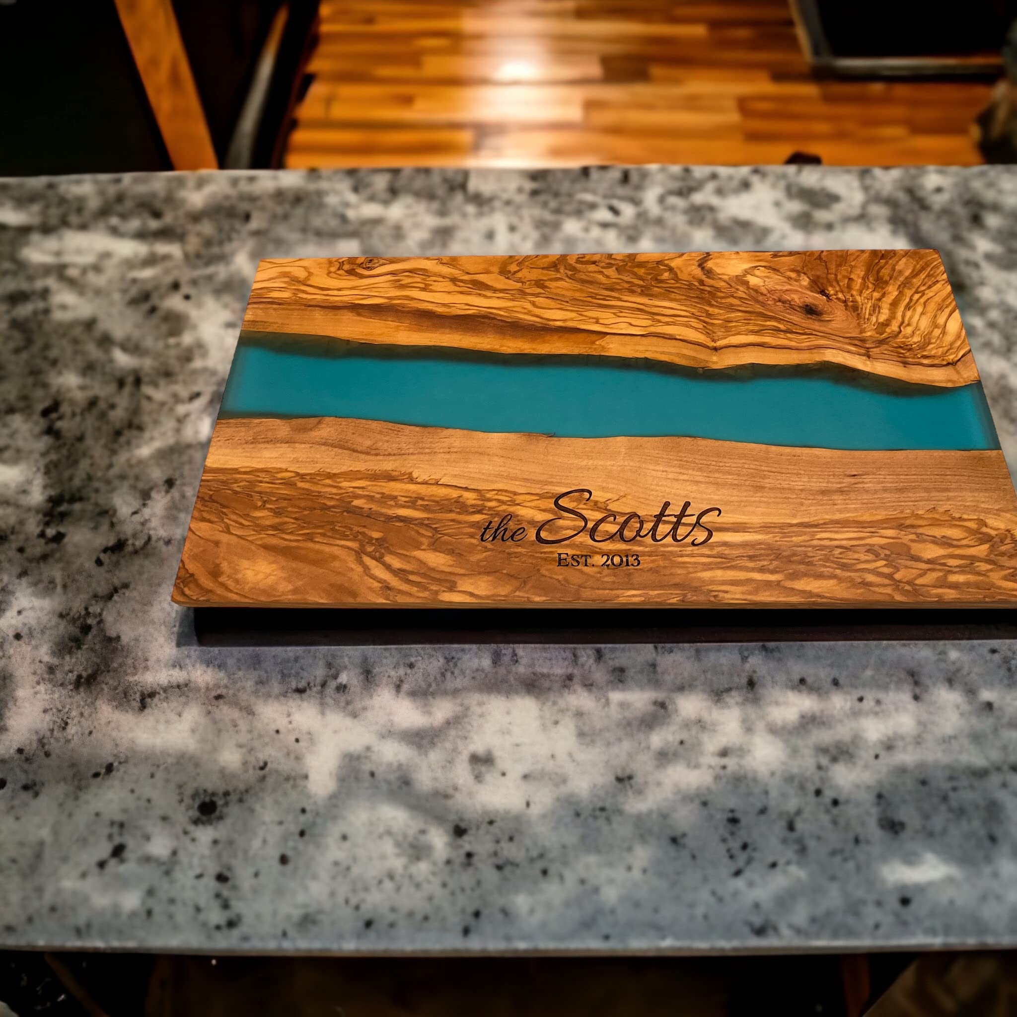 Handmade Personalized Olive Wood and Resin Charcuterie Board - Unique Wedding, Engagement, Anniversary & Housewarming Gift (Elegant Blue) - Perfect for Cheese Platters, Charcuterie Displays & Entertaining Guests