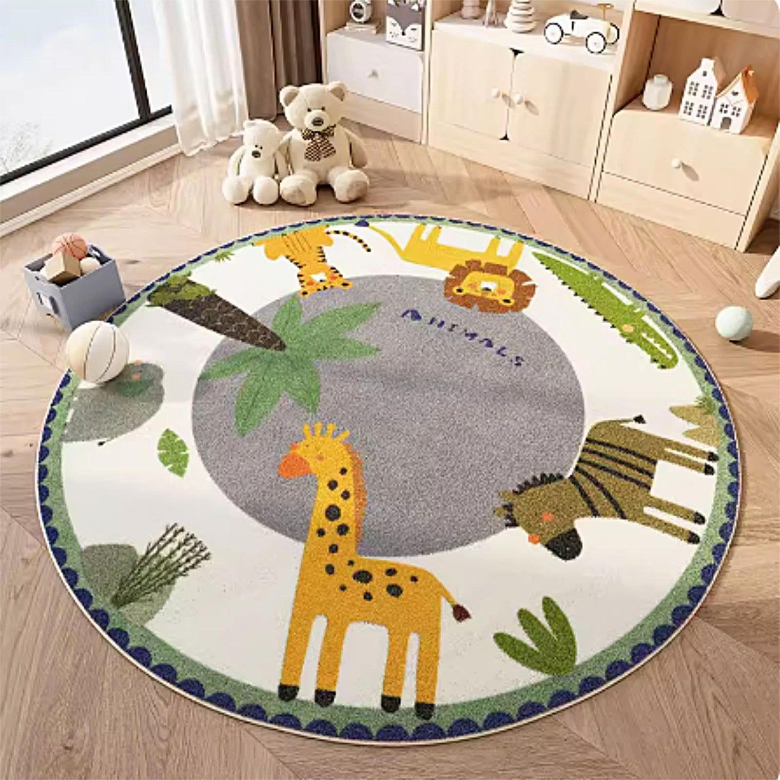 7ft Round Animal Print Kids Rug - Soft Shaggy Carpet with Giraffe, Lion, Tiger & Crocodile Designs | Non-Slip Play Mat for Toddlers' Bedroom, Nursery, Classroom & Playroom Decor | Perfect for Crawling, Learning & Playtime Activities