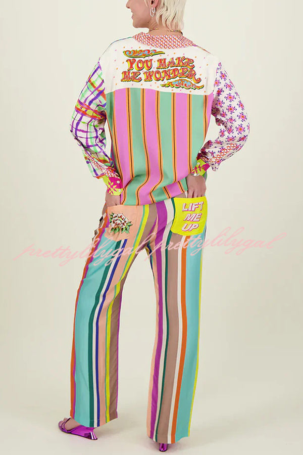 You Make Me Wonder Satin Colorful Unique Print Button Down Oversized Blouse - Stylish Women's Fashion Top for Casual Wear, Office & Date Nights