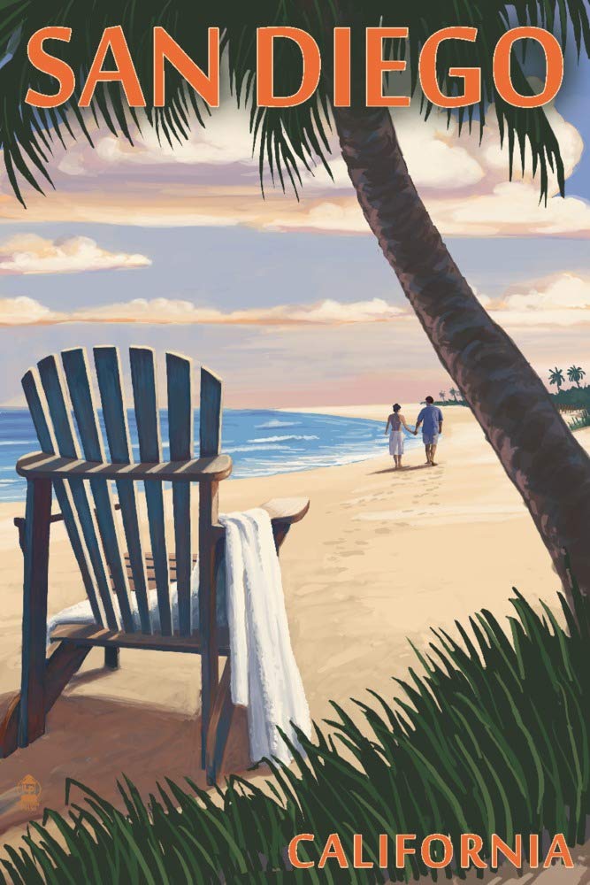 San Diego California Beach Adirondack Chair 24x36 Signed Art Print - Coastal Wall Decor for Living Room, Bedroom & Office