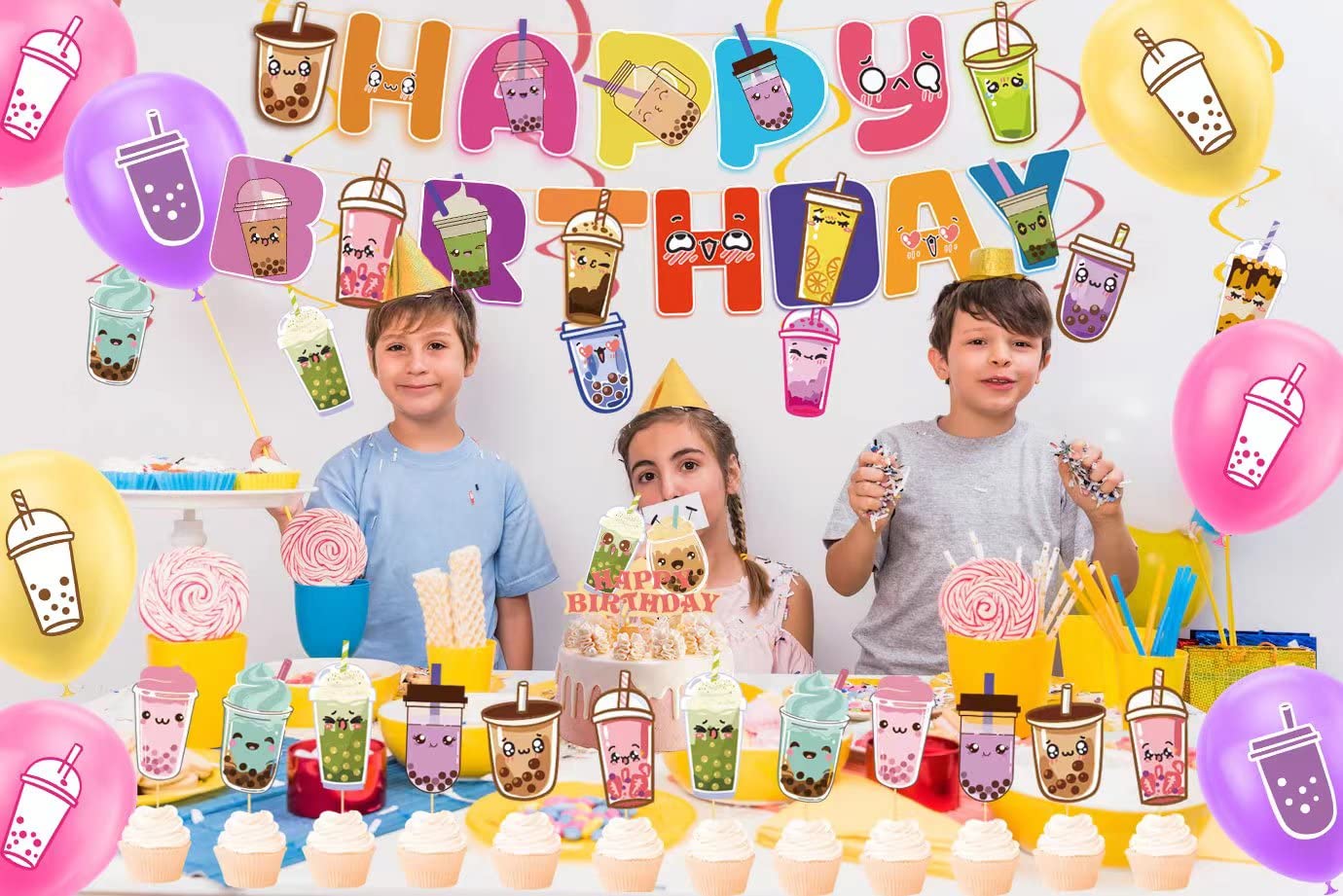 Bubble Tea Party Decorations Kit - Boba Tea Birthday Banner, Spirlas, Cake Topper, Cupcake Toppers & Balloons for Boba Themed Celebrations | Perfect for Birthday Parties, Baby Showers & Bridal Showers