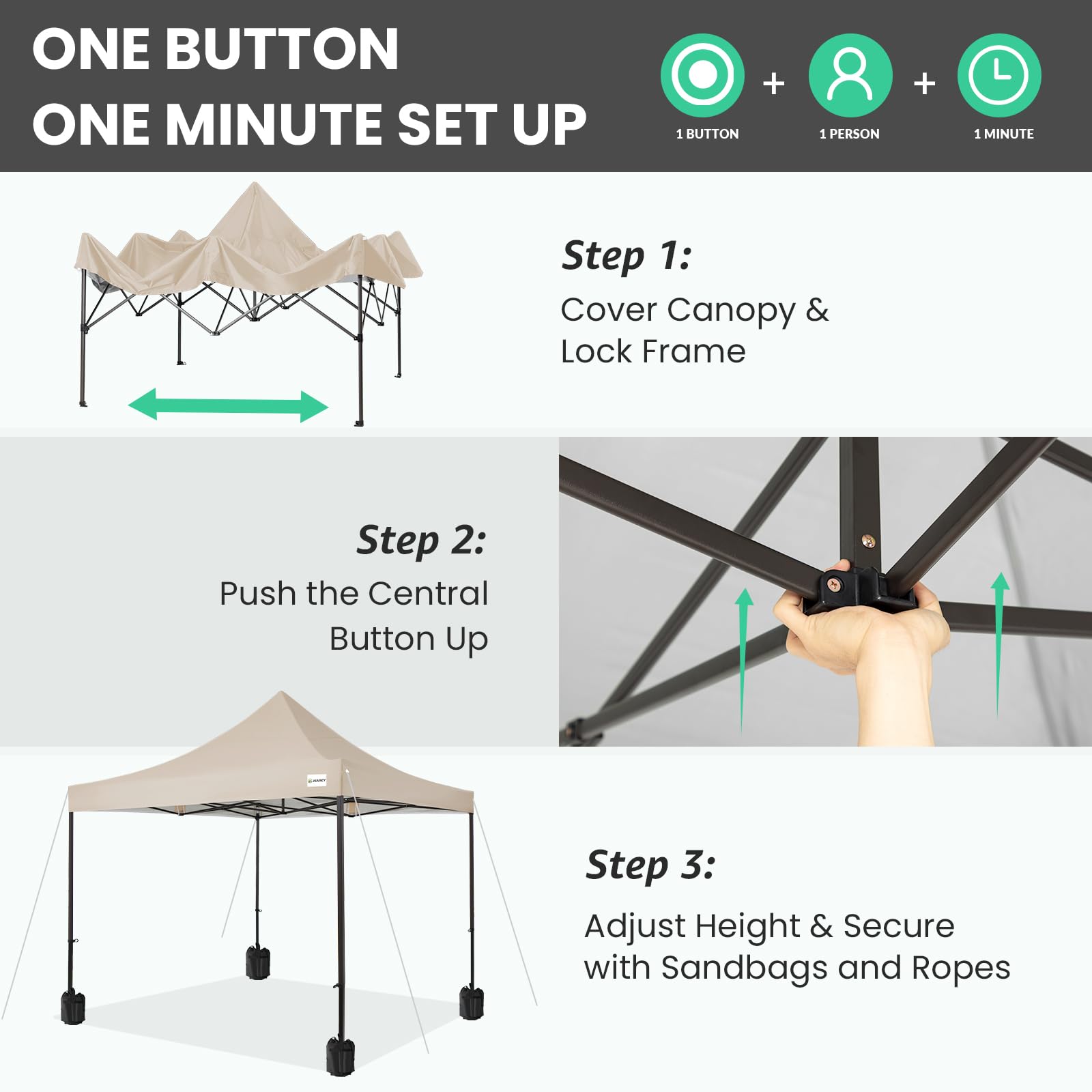 JEAREY Upgraded 10x10 Pop Up Canopy Tent - Heavy Duty Outdoor Canopy with Roller Bag & 4 Sand Bags, Beige - Perfect for Beach, Camping, Picnics, and Outdoor Events