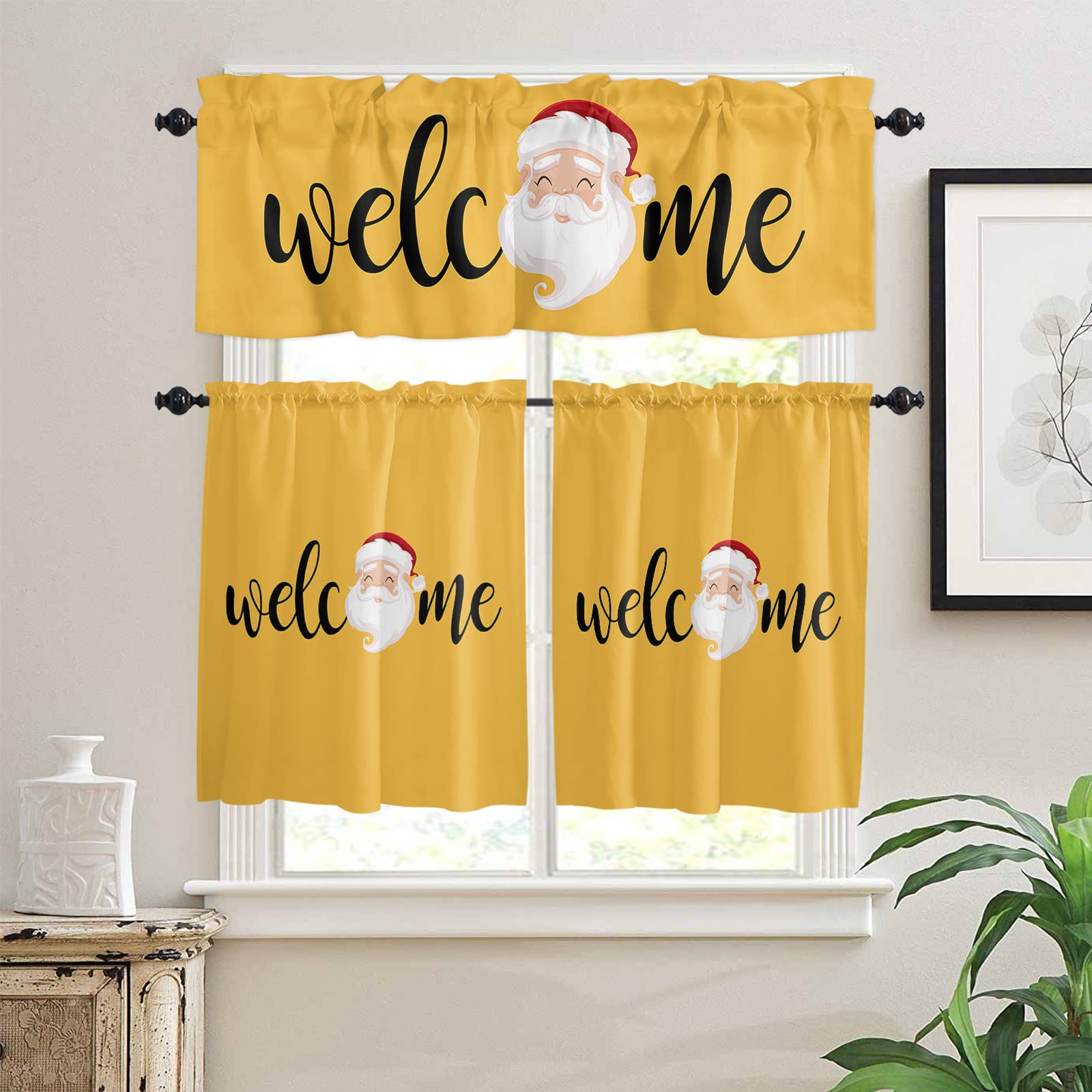 Christmas Santa Kitchen Curtains Set - 24 Inch Half Window Curtains with Rod Pocket, Yellow Merry Christmas Decor for Bedroom, Cafe & Bathroom - Perfect for Holiday Home Decor & Seasonal Window Treatments