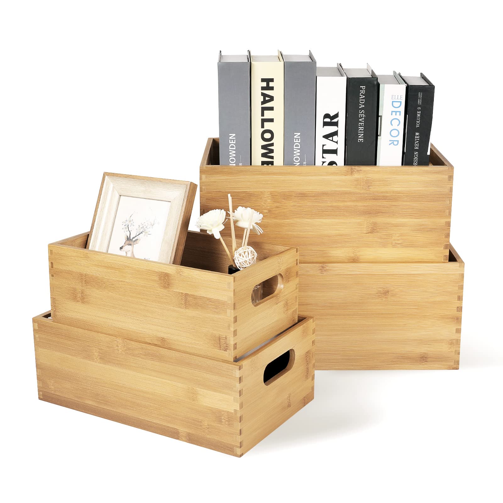 ANMINY Set of 4 Nesting Wooden Storage Crates - Natural Bamboo Wood Organizer Bins with Handles for Home, Office, Closet & Shelf Organization - Perfect for Toys, Books, Blankets & Home Decor Storage