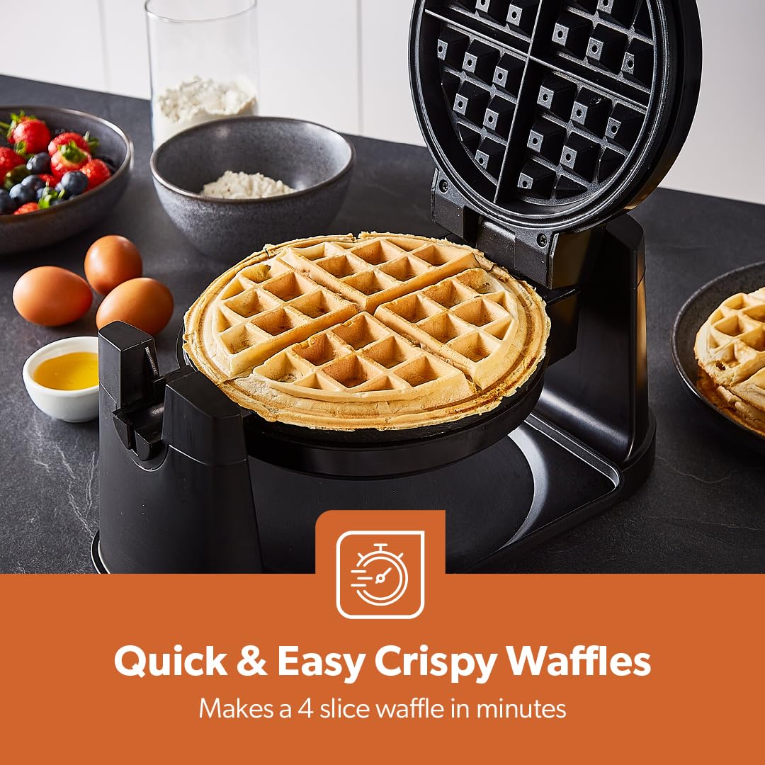 Geepas 1000W Rotary Belgian Waffle Maker with Non-Stick Plates & Auto Temperature Control - Makes 4 Waffles at Once - Perfect for Sweet & Savory Belgian Waffles, Pancakes, Hash Browns - Ideal for Breakfast, Brunch, Parties & Family Gatherings (Silver)