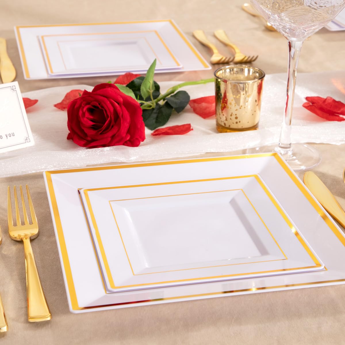 125-Piece Gold Plastic Dinnerware Set - 25 Gold Rimmed Dinner Plates, 25 Salad Plates, 25 Forks, 25 Knives & 25 Spoons - Elegant Disposable Tableware for Parties, Weddings & Events