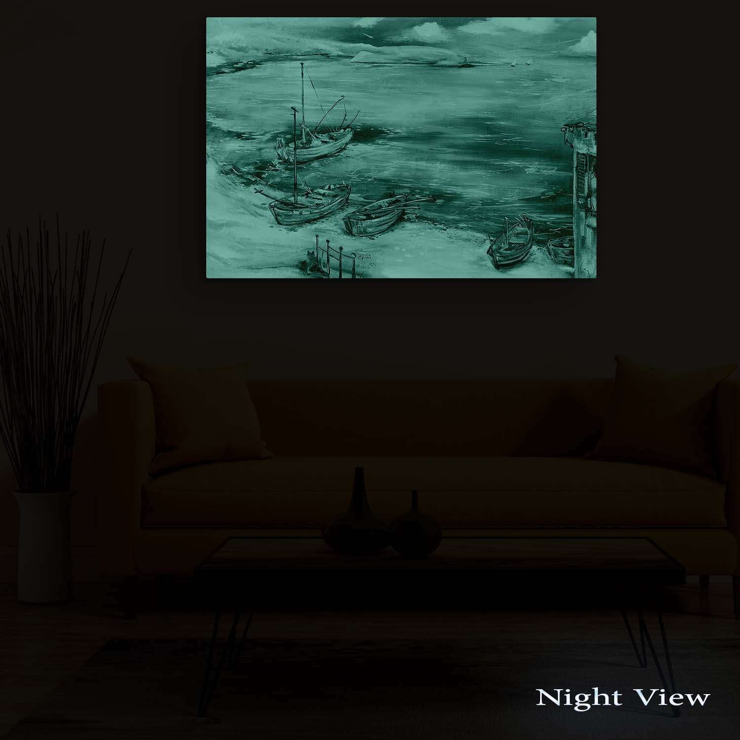 Blue Seascape Canvas Wall Art - 32x48 Inch Framed Beach Painting with Day & Night Luminous Effect - Modern Coastal Decor for Living Room, Bedroom & Office