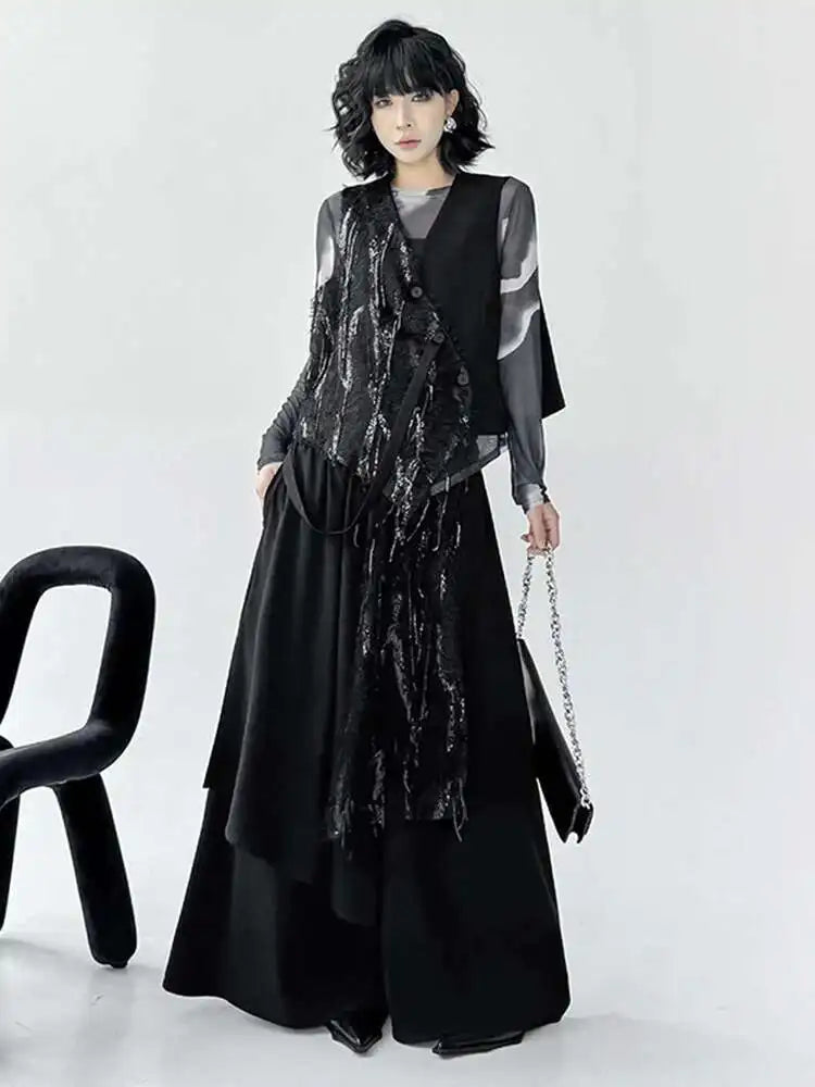 2025 Trendy Women's Big Size Irregular Vest & Sequins Wide Leg Pants Two-Piece Suit - V Neck Sleeveless Outfit for Spring/Autumn Fashion | Perfect for Parties, Date Nights & Special Occasions