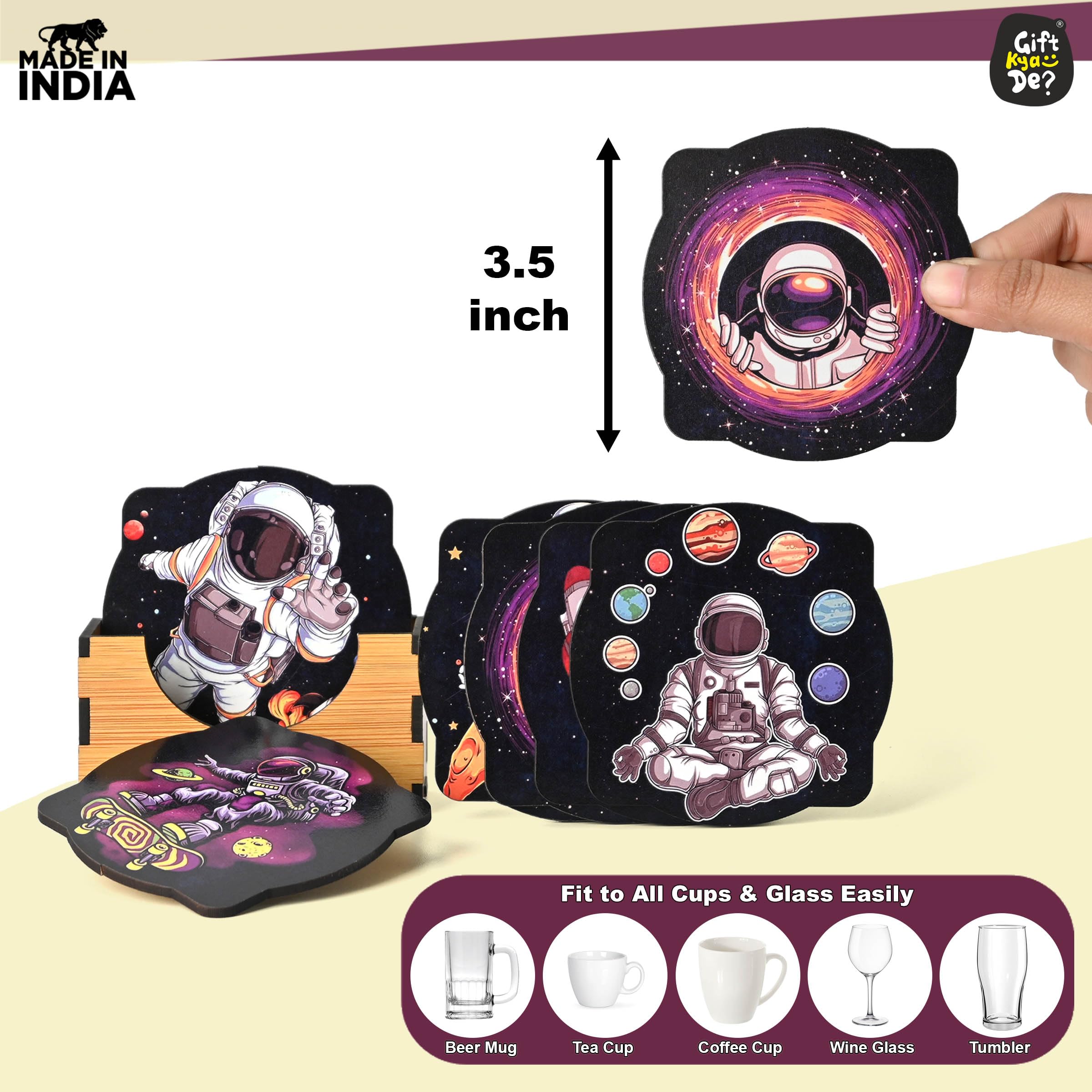 6-Pack Astronaut Theme Wooden Coasters Set - 3.8x3.8 Inch Square Eco-Friendly Drink Coasters for Coffee Mugs, Tea Cups & Glasses - Perfect for Space-Themed Home Decor, Office & Gift Giving