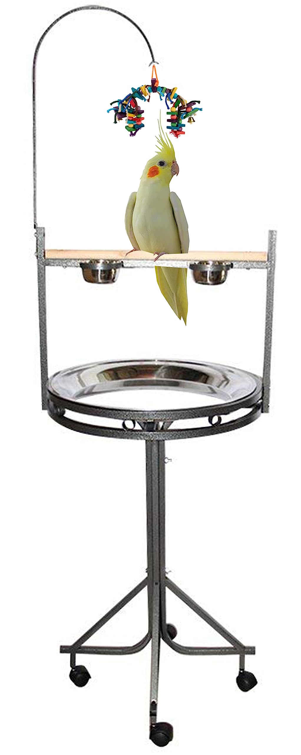 Durable Wrought Iron Parrot Play Gym Stand with Wooden Perch & Stainless Steel Tray - Cockatiel Bird Toy with Wheels & Cups - Perfect for Bird Cages, Aviaries & Play Areas