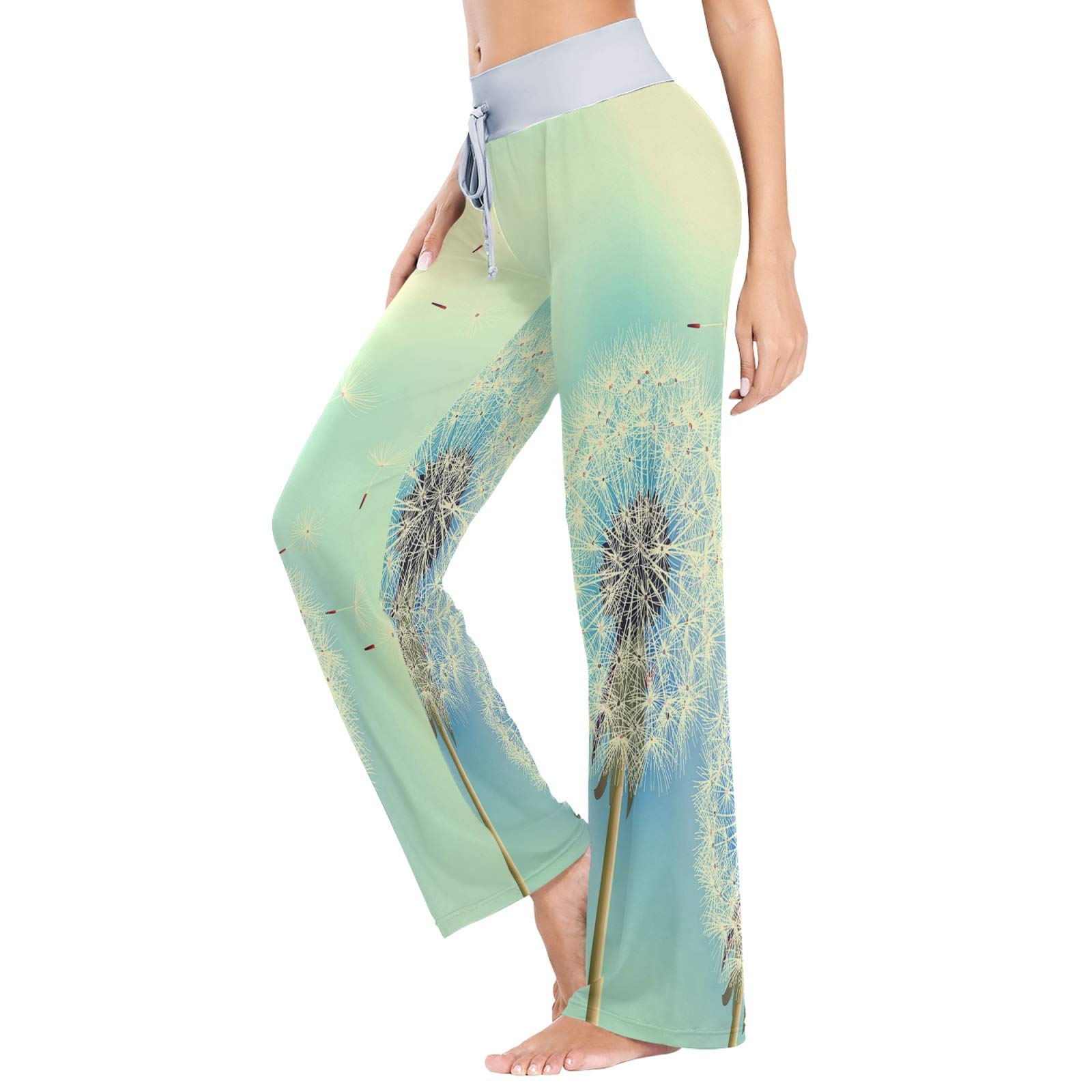 Vintage Dandelion Print Lounge Pants - Soft Stretchy Wide Leg Sleepwear with Drawstring Waist (Large) - Perfect for Relaxing at Home, Yoga & Cozy Nights