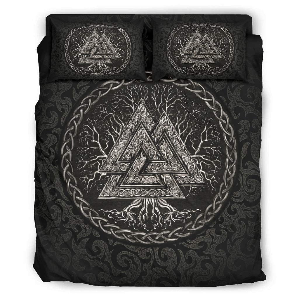 Viking Valknut Yggdrasil Nordic Bedding Set - 4 Piece Comforter Cover with 2 Pillowcases & Queen Size Sheet - White Norse Mythology Inspired Bedspread for Viking Enthusiasts | Perfect for Medieval Themed Bedrooms, LARP Events, and Norse Decor
