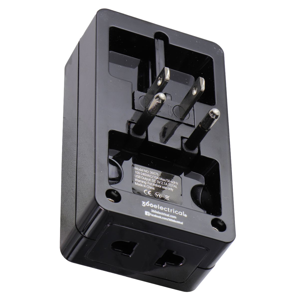 360 Electrical 2 Outlet Adapter with 2.1A USB Charger - Universal Travel Plug for US/China/Israel/UK/EU - Black - Perfect for Hotels, Dorms & International Travel