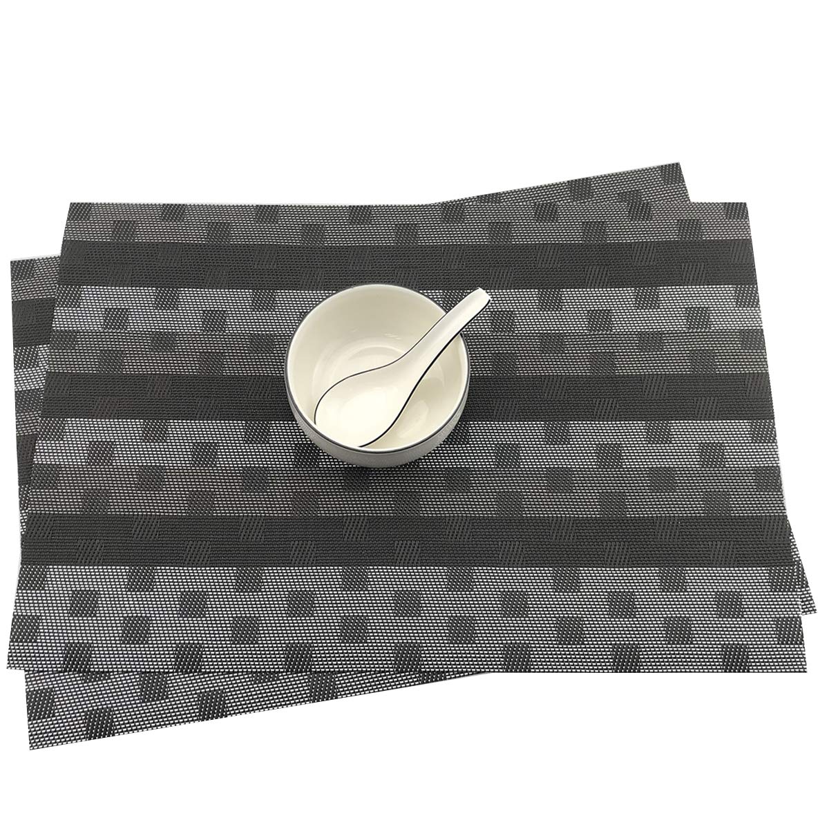 Premium Black PVC Placemats Set of 6 - Waterproof & Heat-Resistant Woven Vinyl Table Mats for Dining, Kitchen, and Party Decor - Elegant Place Settings for Everyday Use and Special Occasions