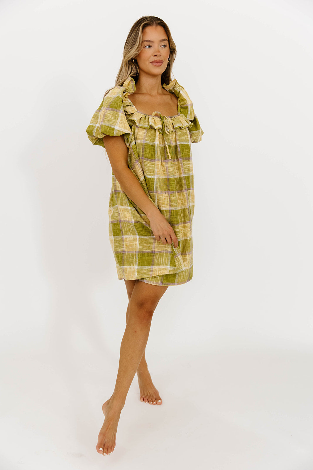 Deedee Plaid Weave Mini Dress in Green | Women's Casual Flowy Summer Dress for Party, Date Night & Outdoor Activities