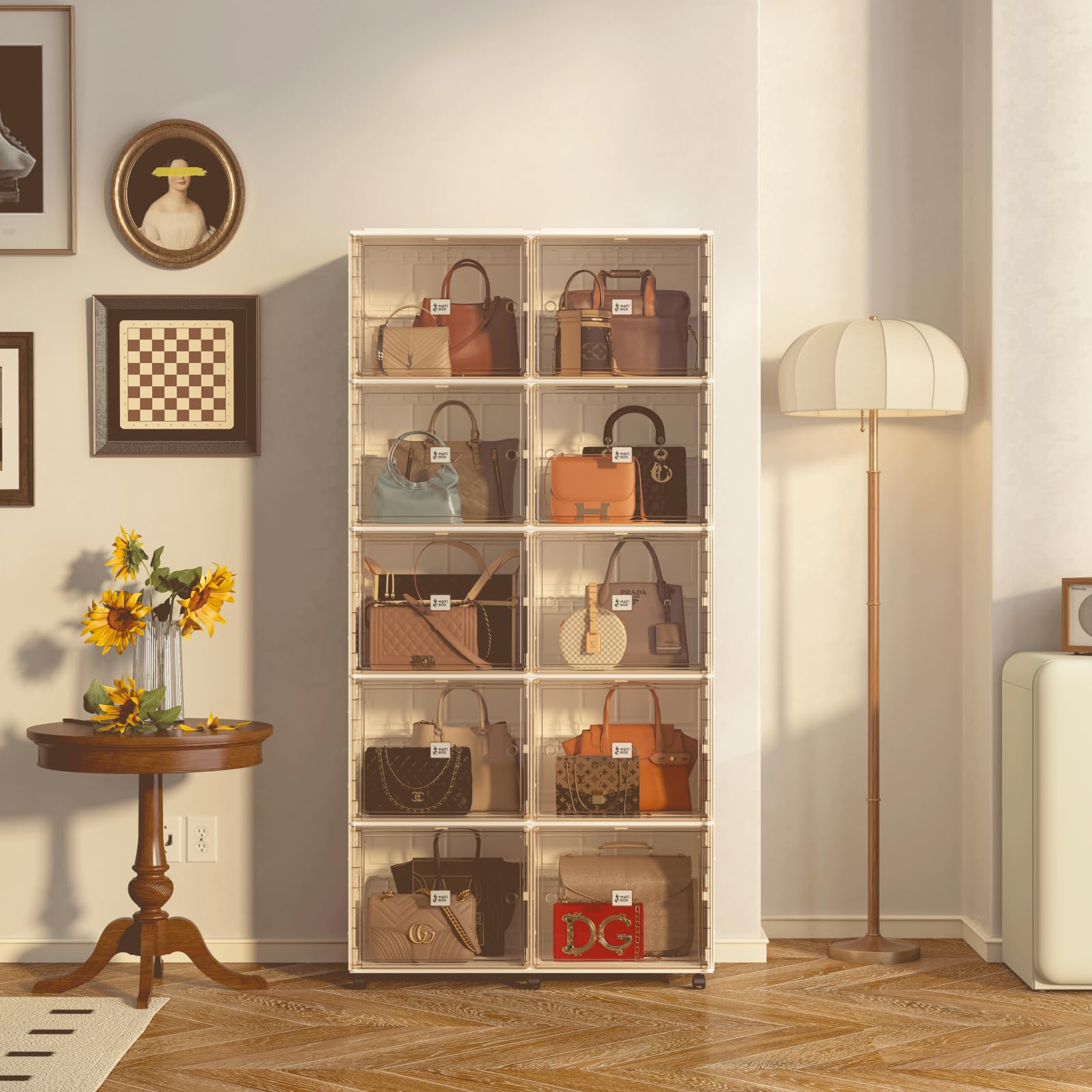 Mayi Box 10-Cubby Handbag & Purse Storage Organizer with Magnetic Doors & Wheels - Shoe Cabinet, Boot Rack, Closet Organizer for Antiques, Books, Toys - Perfect for Bedroom, Entryway & Walk-in Closet Organization