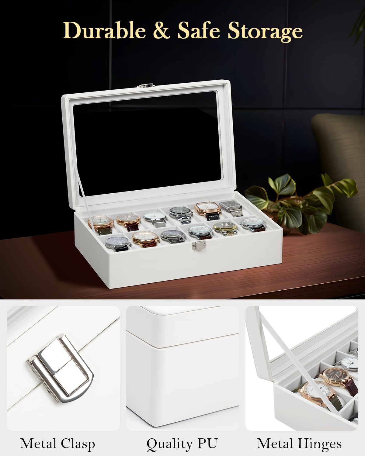 Premium GUKA 12-Slot Watch Box with Real Glass Lid & Removable Pillows - Luxury White Synthetic Leather Watch Organizer for Men | Perfect for Watch Collection Display, Storage & Travel